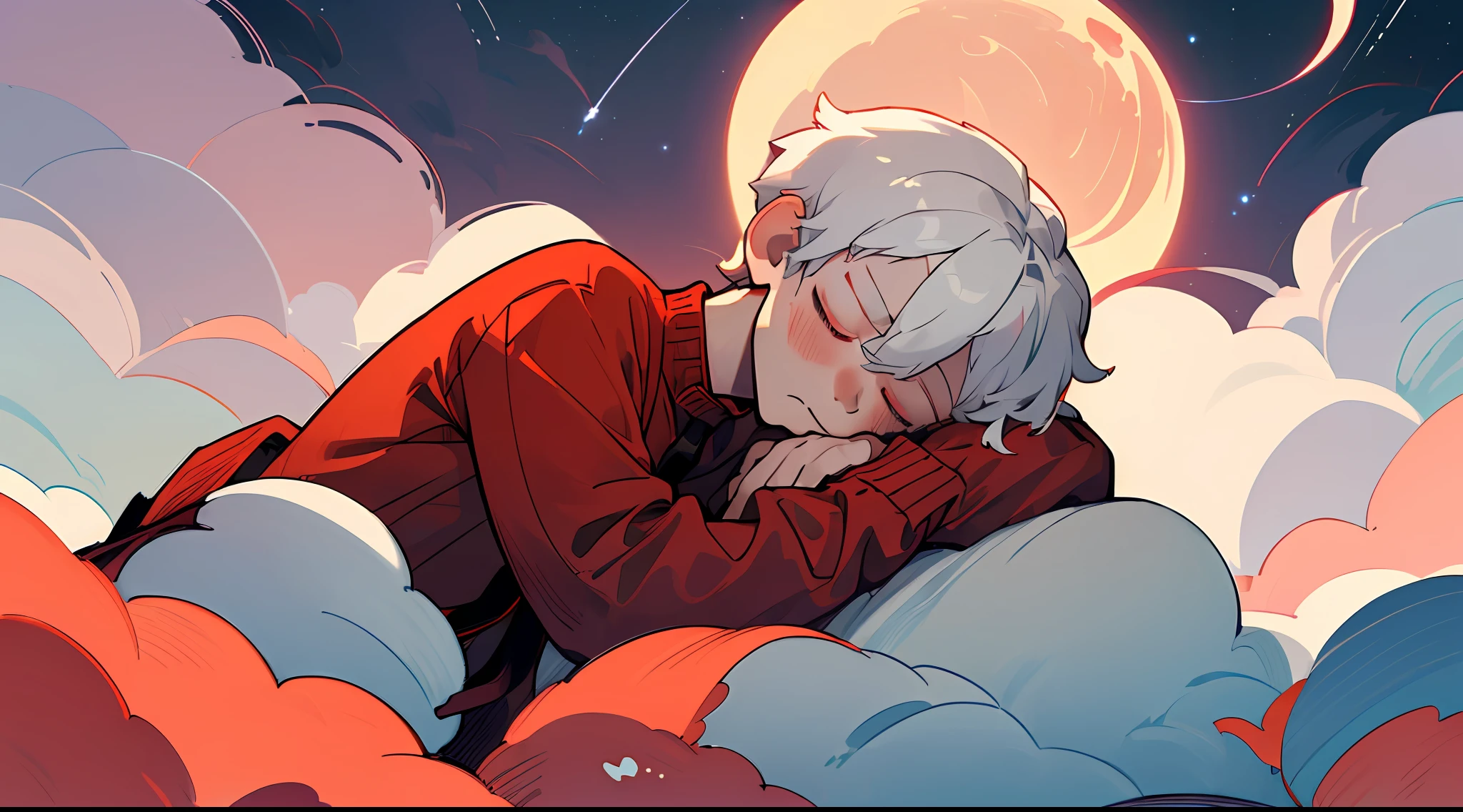 (bestquality, master-piece), (1boy),(kawaii), White Hair,Short Hair Hair ,Sleep on the clouds ,comfortable , Closed eyes,Red sweater , Red tie , face focus, ((nighttime)) , nighttime ,Beautiful moon , night sky