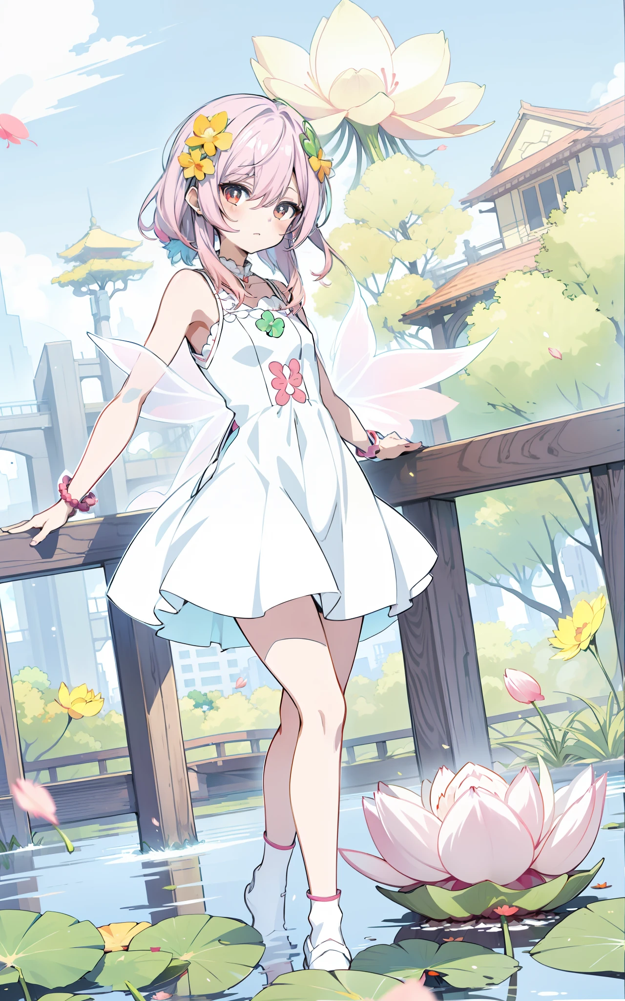 Brighter colors overall,Correct arm,correct hand,Straighten hair,,Right legs,Anime girl with pink hair and white dress dancing on bridge,parasols,Lotus leaf,four-leaf clover,Buble, Soft anime illustration, made with anime painter studio, Anime art style, Anime art style, Anime Stylization, clean artstyle, drawn in anime painter studio, High quality anime art style, In anime style, in an anime style, dreamy psychedelic anime, Anime moe art style, flat anime style shading,Lotus leaf,four-leaf clover,Buble