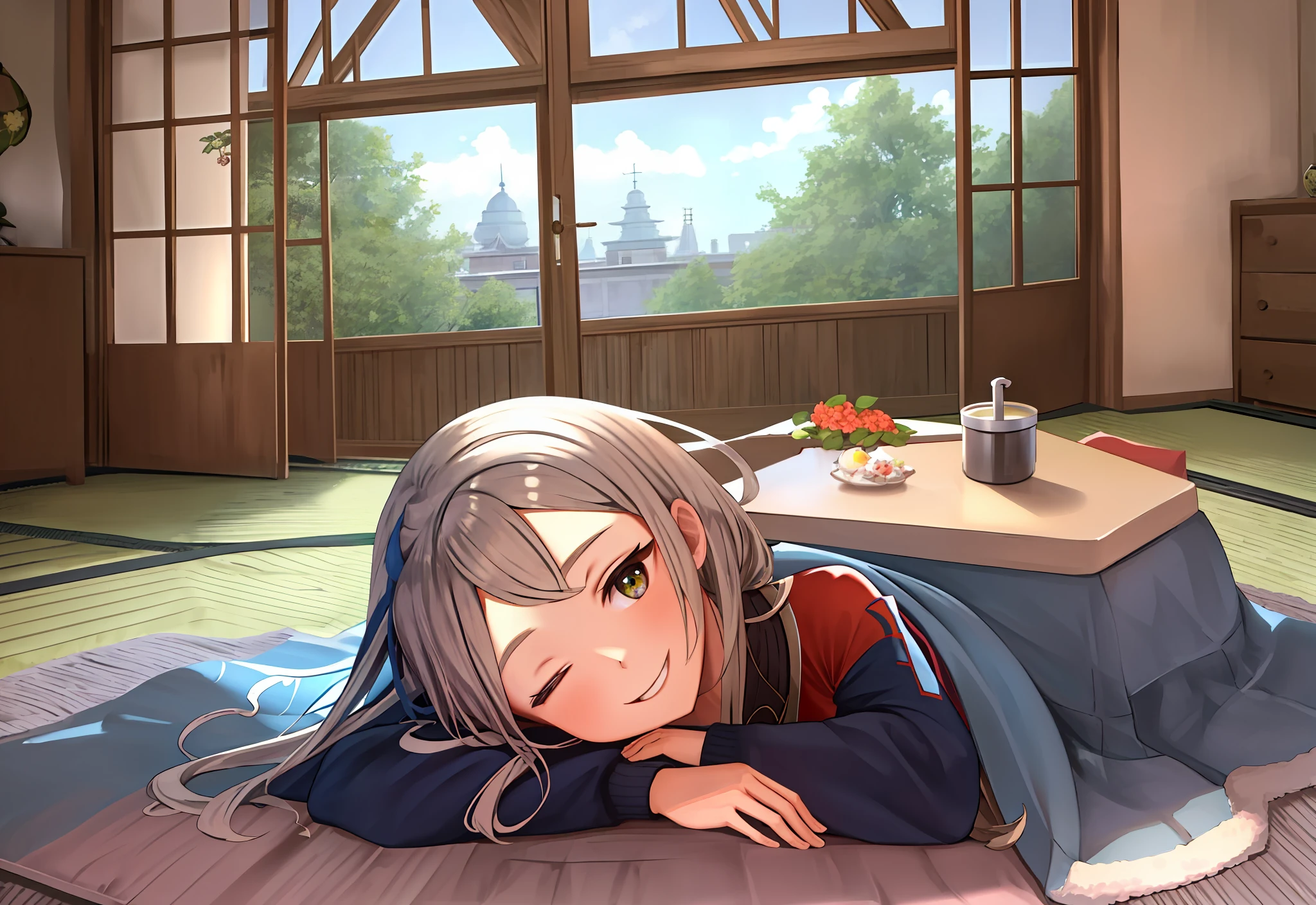Masterpiece, Best quality, Kotatsu, Indoors, Table, window, Cosy, calm, Rest, 1girll, ((Under the kotatsu)), MHXA, idol clothes, fun, Smile