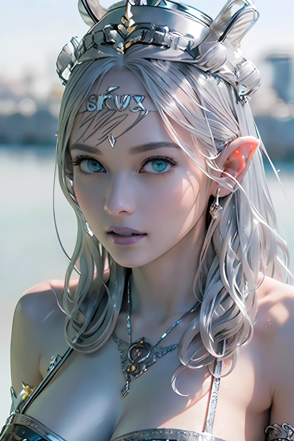 Ultra-detailed complex 3D rendering of the face, (masterpiece, top quality, octane rendering,), glamour shots full body image, very beautiful young elves, cleavage, (highly detailed skin: 1.2), (exposure: 1.1), ((blue micro bikini: 1.95)))). , 8k, (((very soft breasts)), (((conspicuous large pink areola)), beautiful Caucasian woman with white skin with full soft breasts with big buttocks, one, long braided hair, big breasts, dynamic angles, (((huge breasts: 2.4)), ultra-realistic photos, ((((((silver hair)))), futuristic urban background, facial muscles, (((((detailed and glamorous silver crown)))), In the style of Marvel Comics, ArtStation Trends, Clear Focus, Intricate Details, Very Detailed, Detailed Green Eyes, Sharp Focus, Digital Rendering, Professional, Abs, Lip Gloss, Glossy Skin, Sexy Pose, Golden Tattoo All Over Body, Silver Pattern All Over Body, Silver Lame Skin, Gold Glitter Skin, Mansuji, Buttocks, Jeweled All Over the Body, with silver scales, silver hair,