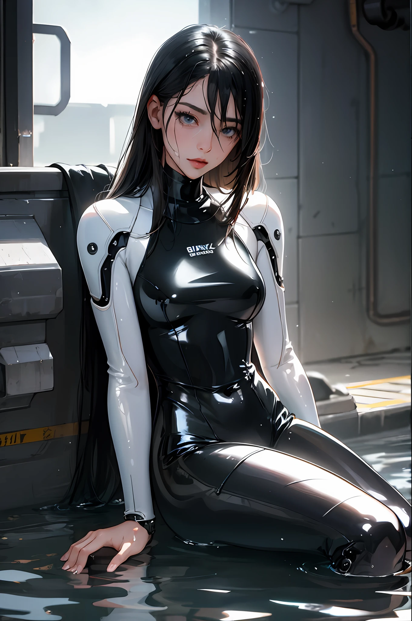 Alafed woman in wetsuit sitting in puddle, glossy wet skin!!, wet shiny skin, Made of liquid metal, Beautiful Female Android!, perfect android girl, Seductive Anime Girl, biomechanical oppai, an oppai cyberpunk, Drenched body, Latex skin, Wet look