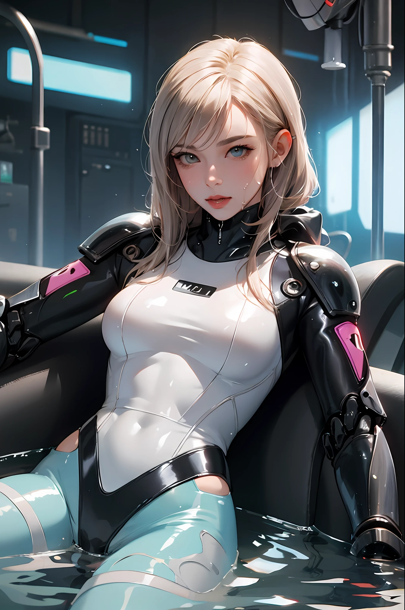 Alafed woman in wetsuit sitting in puddle, glossy wet skin!!, wet shiny skin, Made of liquid metal, Beautiful Female Android!, perfect android girl, Seductive Anime Girl, biomechanical oppai, an oppai cyberpunk, Drenched body, Latex skin, Wet look