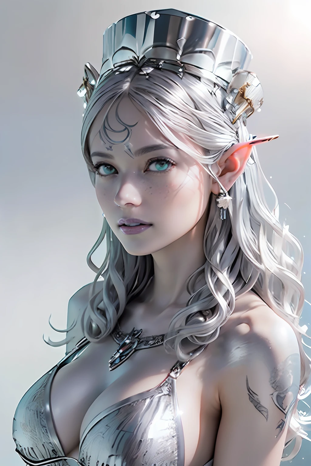 Ultra-detailed complex 3D rendering of the face, (masterpiece, top quality, octane rendering,), glamour shots full body image, very beautiful young elves, cleavage, (highly detailed skin: 1.2), (exposure: 1.1), ((blue micro bikini: 1.95)))). , 8k, (((very soft breasts)), (((conspicuous large pink areola)), beautiful Caucasian woman with white skin with full soft breasts with big buttocks, one, long braided hair, big breasts, dynamic angles, (((huge breasts: 2.4)), ultra-realistic photos, ((((((silver hair)))), futuristic urban background, facial muscles, (((((detailed and glamorous silver crown)))), In the style of Marvel Comics, ArtStation Trends, Clear Focus, Intricate Details, Very Detailed, Detailed Green Eyes, Sharp Focus, Digital Rendering, Professional, Abs, Lip Gloss, Glossy Skin, Sexy Pose, Golden Tattoo All Over Body, Silver Pattern All Over Body, Silver Lame Skin, Gold Glitter Skin, Mansuji, Buttocks, Jeweled All Over the Body, with silver scales, silver hair,