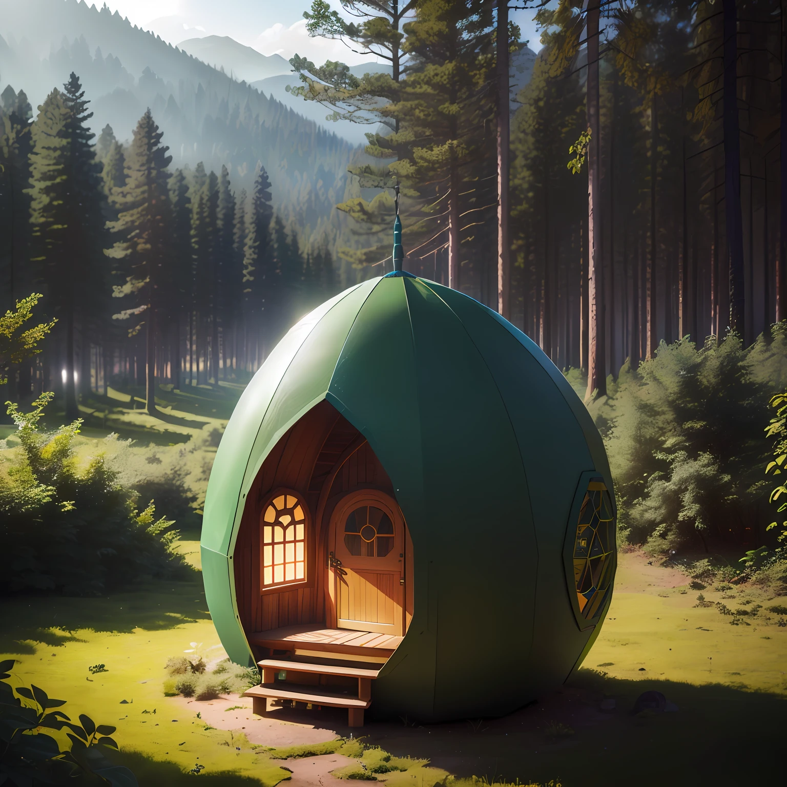 There is a small greenhouse in the middle of the forest, Dome Space, Healing Pod, Glamping, Humans sleeping in healing pods, nestled in a forest, Geodesic dome, Geodesic dome, rendered in v-ray, Inspired by Buckminster Fuller, the small house in the forest, render in vray, witch cottage in the forest