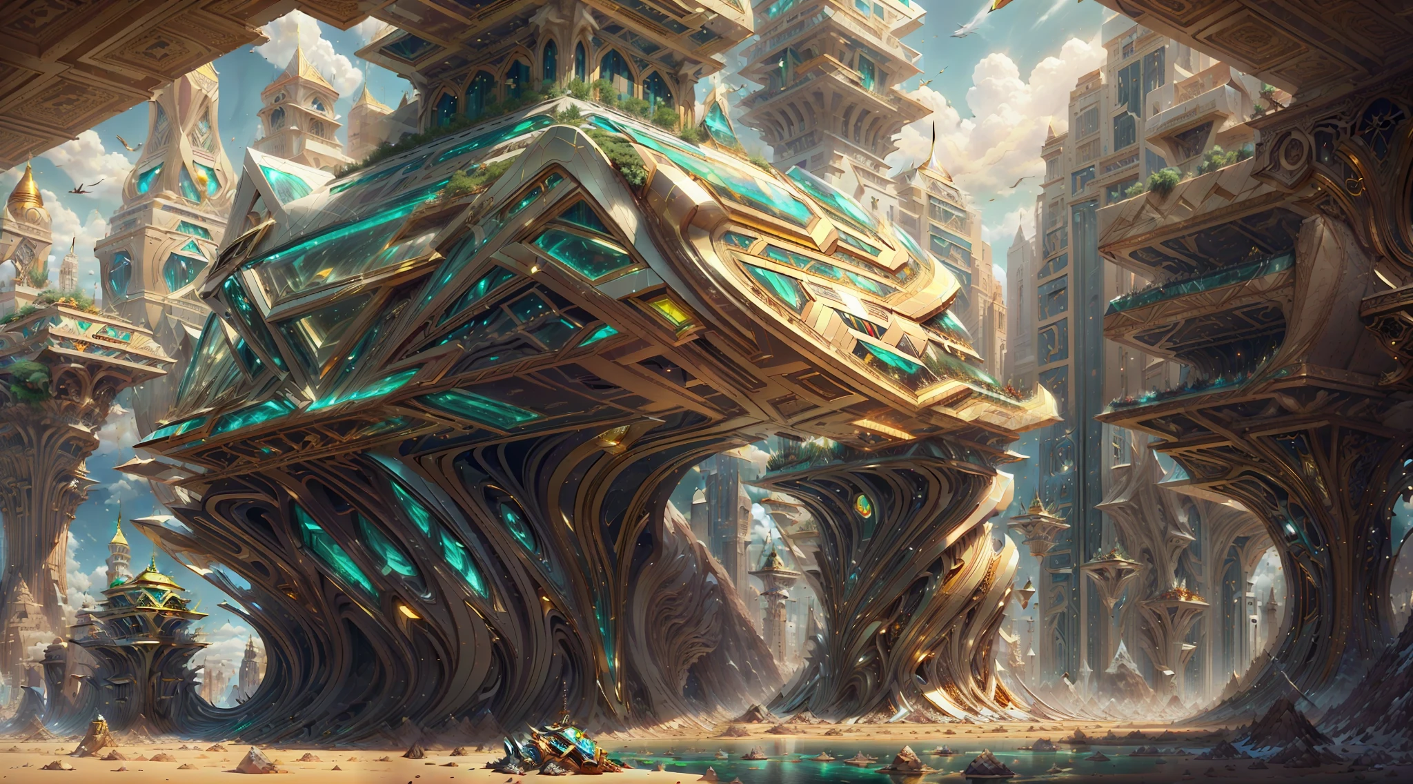 Neotecnologia, elegante, d/imagine prompt: Uma cidade gigantesca, (spaceship), (Forma do cubo), ((ouro e cristal)), (Futuristic architecture,the Middle East), ((Jardins suspensos)), damask pattern, ouro, jade, jaspe, quartzo, ouro rosa, safira, akos maior, aerial photography, tiro de corpo inteiro, fantastical realism, angelcore, hiper realismo, brilho sonhador, refletor /imagine prompt: Uma cidade gigantesca, (spaceship), (Forma do cubo), ((ouro e cristal)), (Futuristic, middle eastern architecture), (Jardins suspensos), (Torres muito altas), damask pattern, ouro, jaspe, safira, quartzo, ouro rosa, akos maior, aerial photography, tiro de corpo inteiro, fantastical realism, Hora de Ouro Fantasia: ((Estilo Greg rutkowski)), ((clouds in the sky)), ((Futuristic architecture)), (Inspired by Middle Eastern architecture), Glory of God, Poder e Honra, (army of angels), (retrofuturismo), (Cottagecore), ( tudo de ouro puro), ((inspirado em H.r. Giger)), (mist near the ground, rolando ao longe), ((altura igual, comprimento, e largura)), ((esplendor glorioso rolante)), Cidade Celestial de Ouro e cristal resplandecente istrito comercial |, (corvo: 1.2)