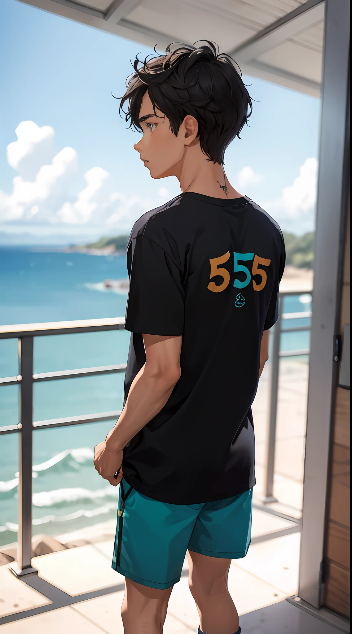 um garoto chamado John de 15 anos de idade, corpo inteiro, de costas para a tela olhando para o horizonte, wearing blue shorts and plain black T-shirt without print and black sneakers, pele branca, olhos pretos, fleshy lips, cabelo preto liso curtos, small hands. Absurdo, melhor qualidade, sozinho. The image is about a 15-year-old who stands with his back to the screen looking at the horizon
