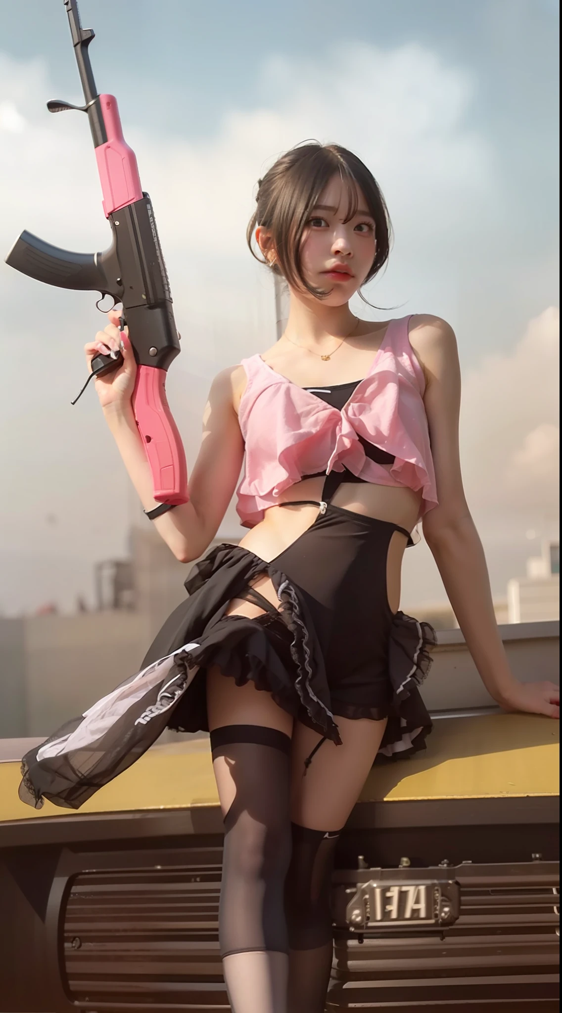 1girl, Dress Shorts, Dress White, Long Hair, Black Hair, Black Shorts, Bring Guns Realistic, Ultra Detail, 70mm Lens