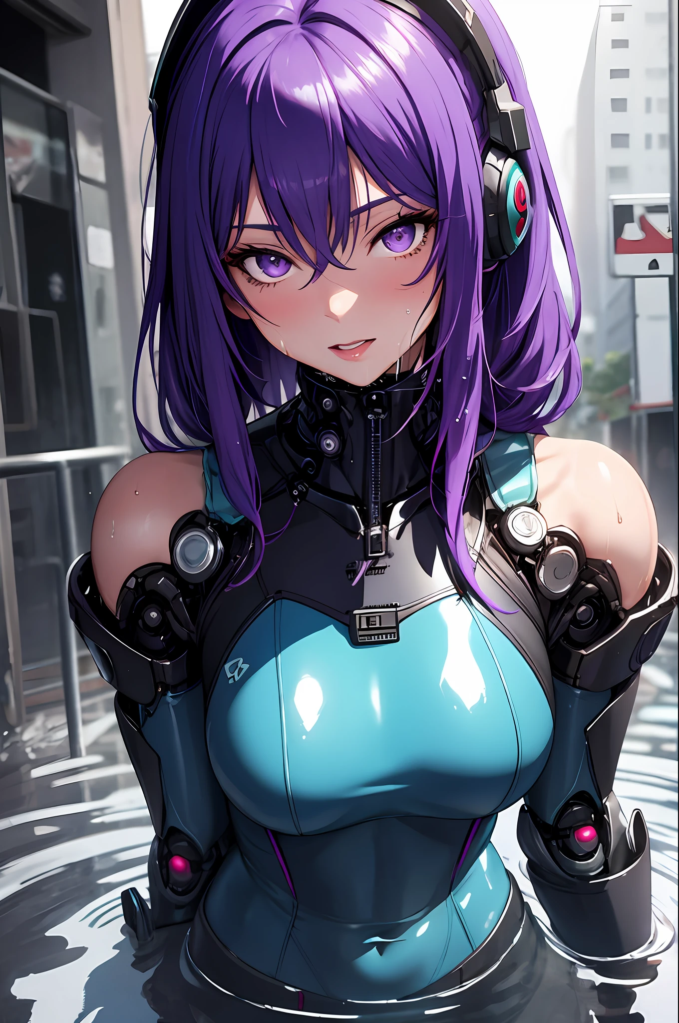 Alafed woman in wetsuit sitting in puddle, glossy wet skin!!, wet shiny skin, Made of liquid purple metal, broken beautiful female android!, Beautiful Female Android!, perfect android girl, Seductive Anime Girl, biomechanical oppai, an oppai cyberpunk, Drenched body, Purple body, Latex skin, Cyborg girl, Wet look