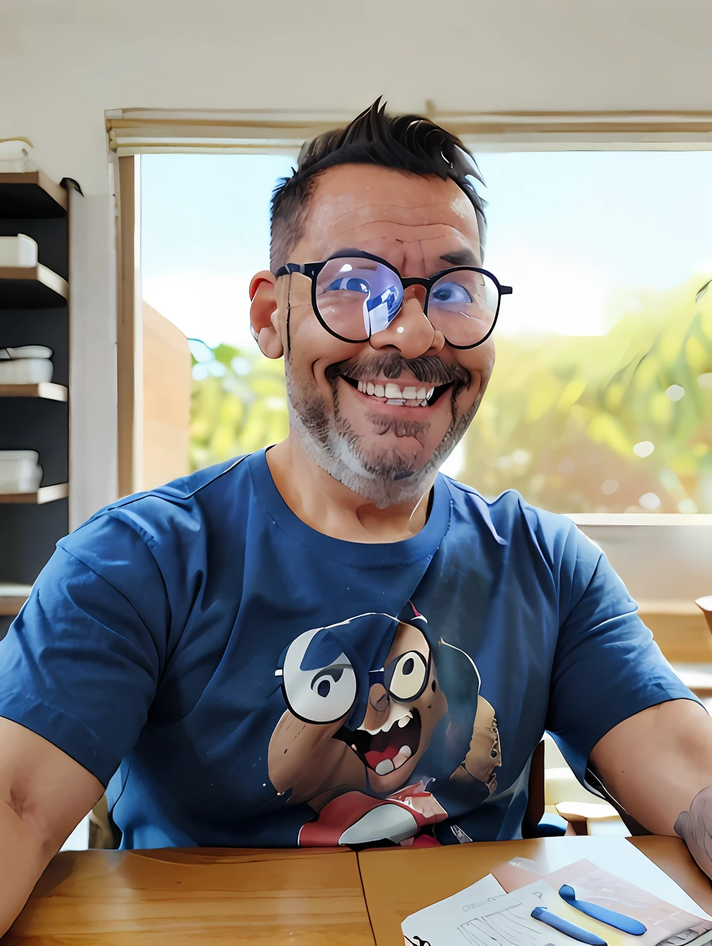 (SFW), guttonerdjul23, homem de 45 anos, oculos, sorridente, roupa camisa preta manga curta, qualidade perfeita, foco claro, colorido, rosto perfeito, detalhes intrincados, angle of view ultra-low, lente grande angular