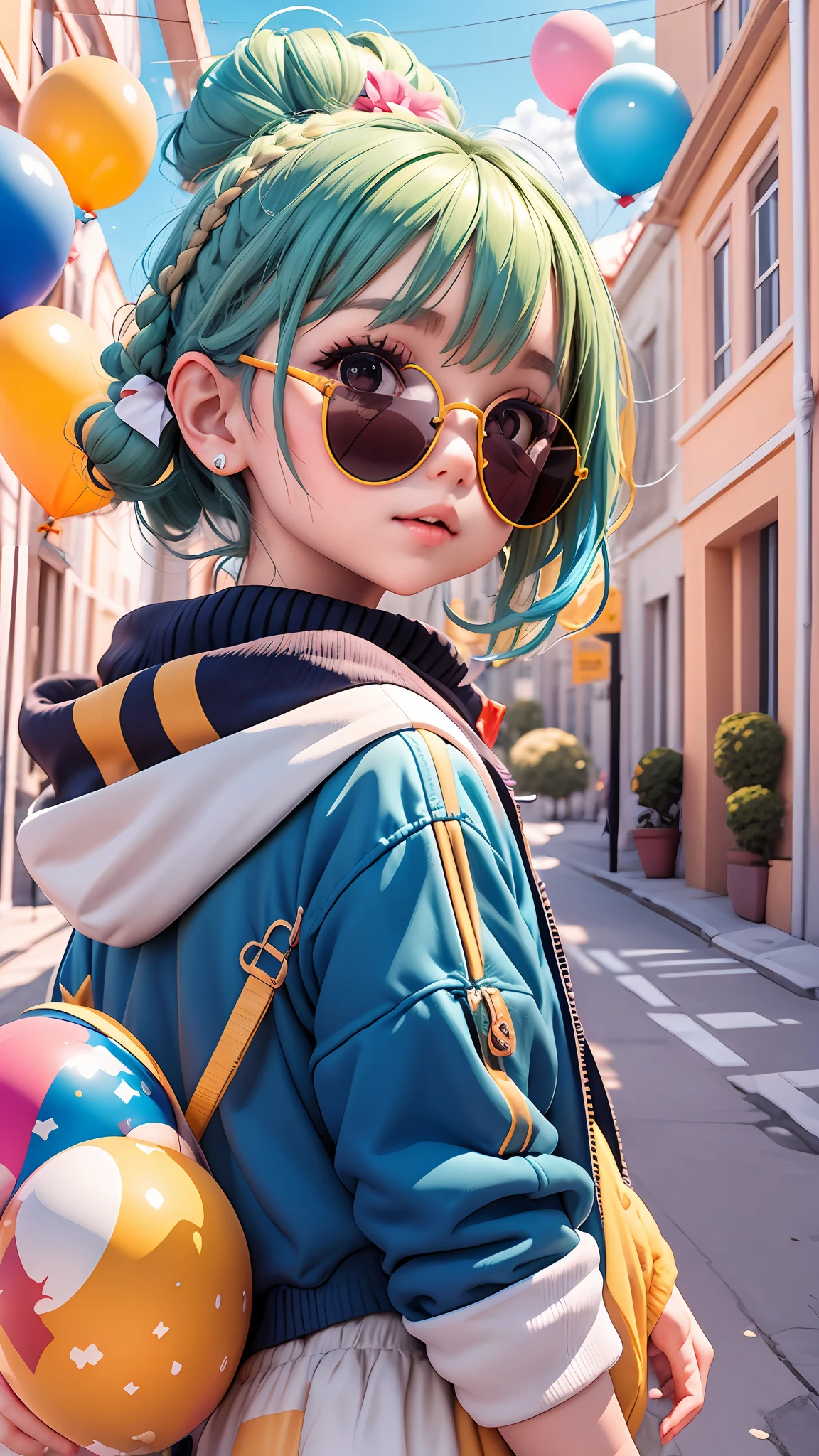 Loli menino, bonito e fofo, wearing blue sunglasses, jaqueta amarela, moletom branco, lots of colorful balloons, babyface, Estilo Chibi, cabelo vermelho e azul bicolor, braided ponytail, olhos de detalhe perfeito, rosto delicado, CG perfeito, Qualidade de imagem HD, Colorful balloons, heaven, a white truck parked in front of a building, --auto --s2