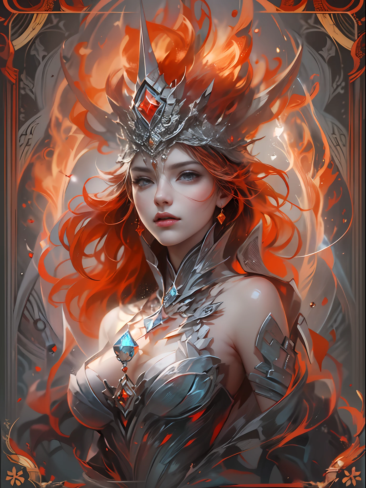 (Game King Card:1.5, rotational symmetry),Anna Dittmann,(cowboy shot),minimalist compositions,flame,Female magician,Exquisite crystal headdress, exquisite crystal armor,Electroluminescent Wire,Dreamy Glow,conceptual digital art,red and gray,(Very detailed, reasonable design, Clear lines, High sharpness,best quality, masterpiece, 4K )