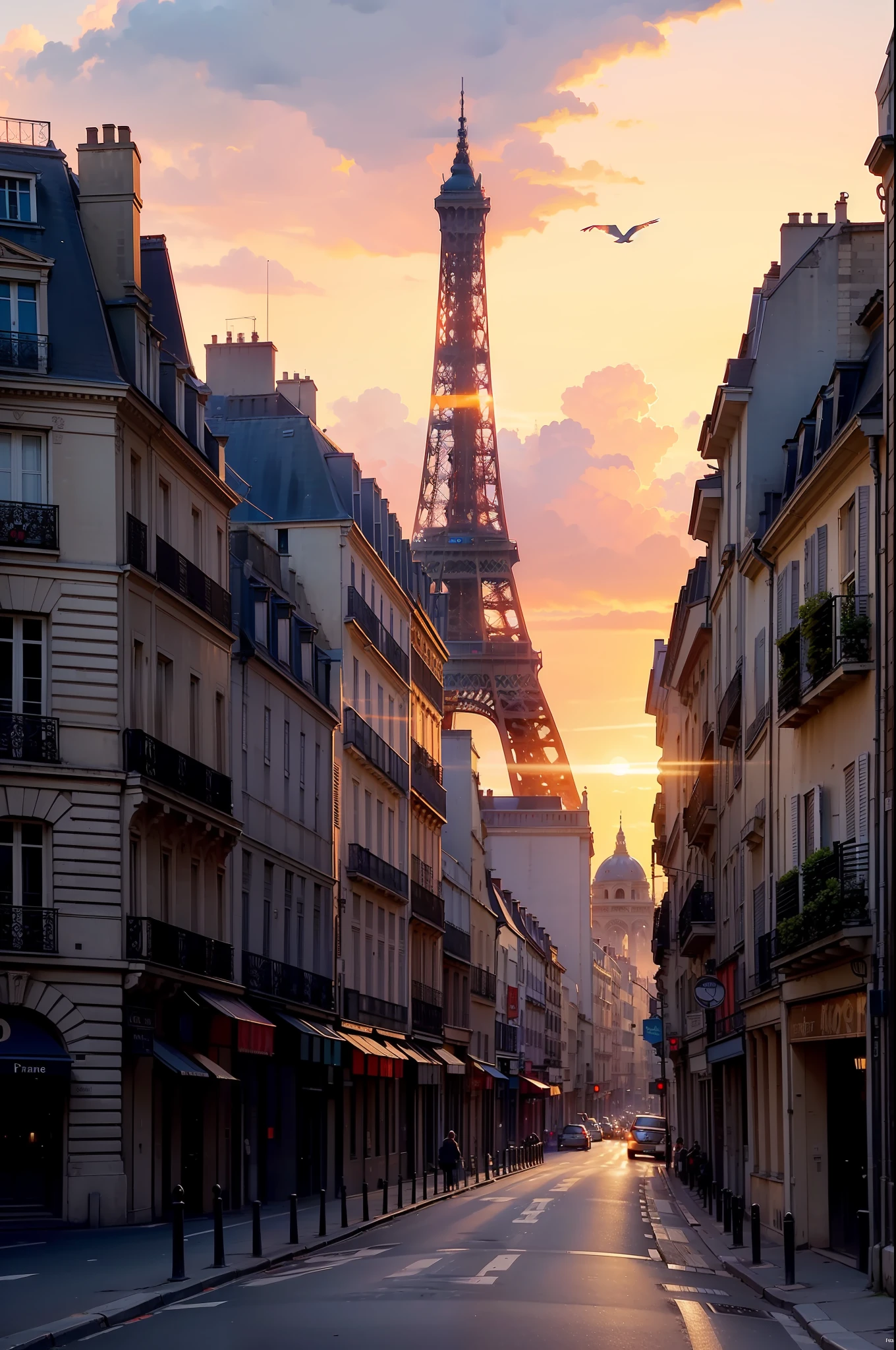 (A realistic photograph of a Beautiful Late Afternoon + in the city of Paris, Sunset Street), (Paris style + French architecture), (High Quality + Best Lighting), (Beautiful Sunset) (blue / orange / red sky + birds), (Dynamic angles + continuous path), (Nostalgic + memory style + twilight), (main frame: street + building) +( empty streets, no people and no cars, just the beautiful architecture of Paris for contemplation)+(feeling of peace and tranquility) + (scenery cinematic).