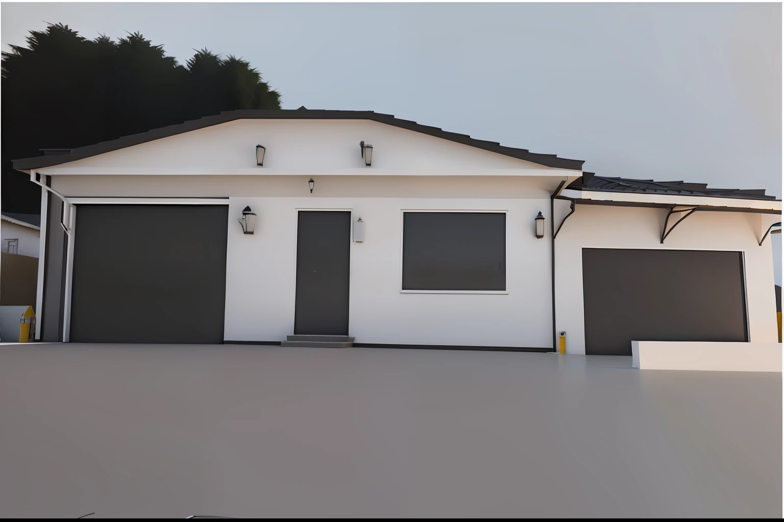 There is an image of a garage with two doors, um telhado embutido, uma rampa de acesso , a portico, night ligthning, renderizar 3 d, Final 3D rendering, 3d final render, vue 3d render, professional render, 3D-rendering, 3D-rendering, 3D-rendering, 3/4 view realistic, 3d final render, 3D rendering, 3D-rendering, semi-realistic rendering
