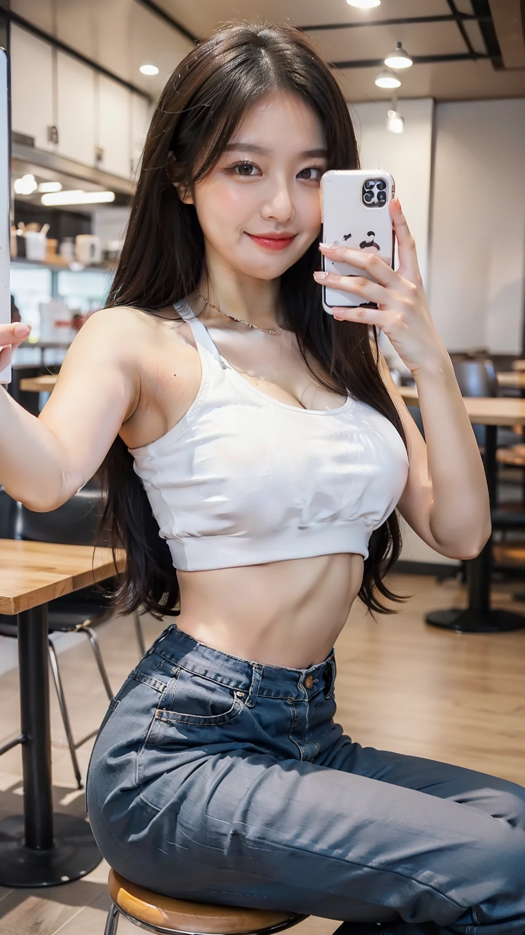 A beautiful Asian girl, smile, straight hair, white skin, smooth skin, medium breasts size, selfie, wearing crop top, pants, sitting in the cafe, style RAW