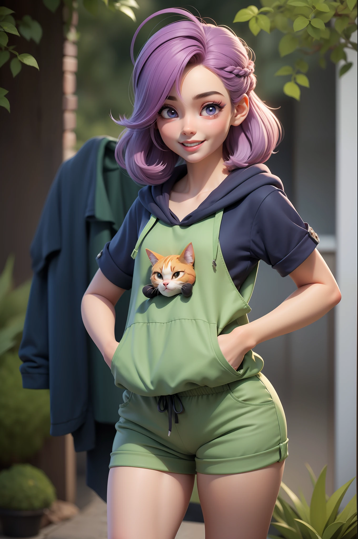 3DMM,((orelhas de gato,cabelos curtos,Cabelos prateados,cabelos brancos,olho roxo))((plaits))(Sorria com)(boca aberta com))(((Garotinha),(corpo magro)),))(((Roupas de gola larga))((High-necked hood))((Put your hands in your pockets))((roupas cor-de-rosa)))(Knicker))((sentado;,))((rosto claramente desenhado))((belos olhos detalhados,Pele super detalhada))((jardim de flores,Ao ar livre))