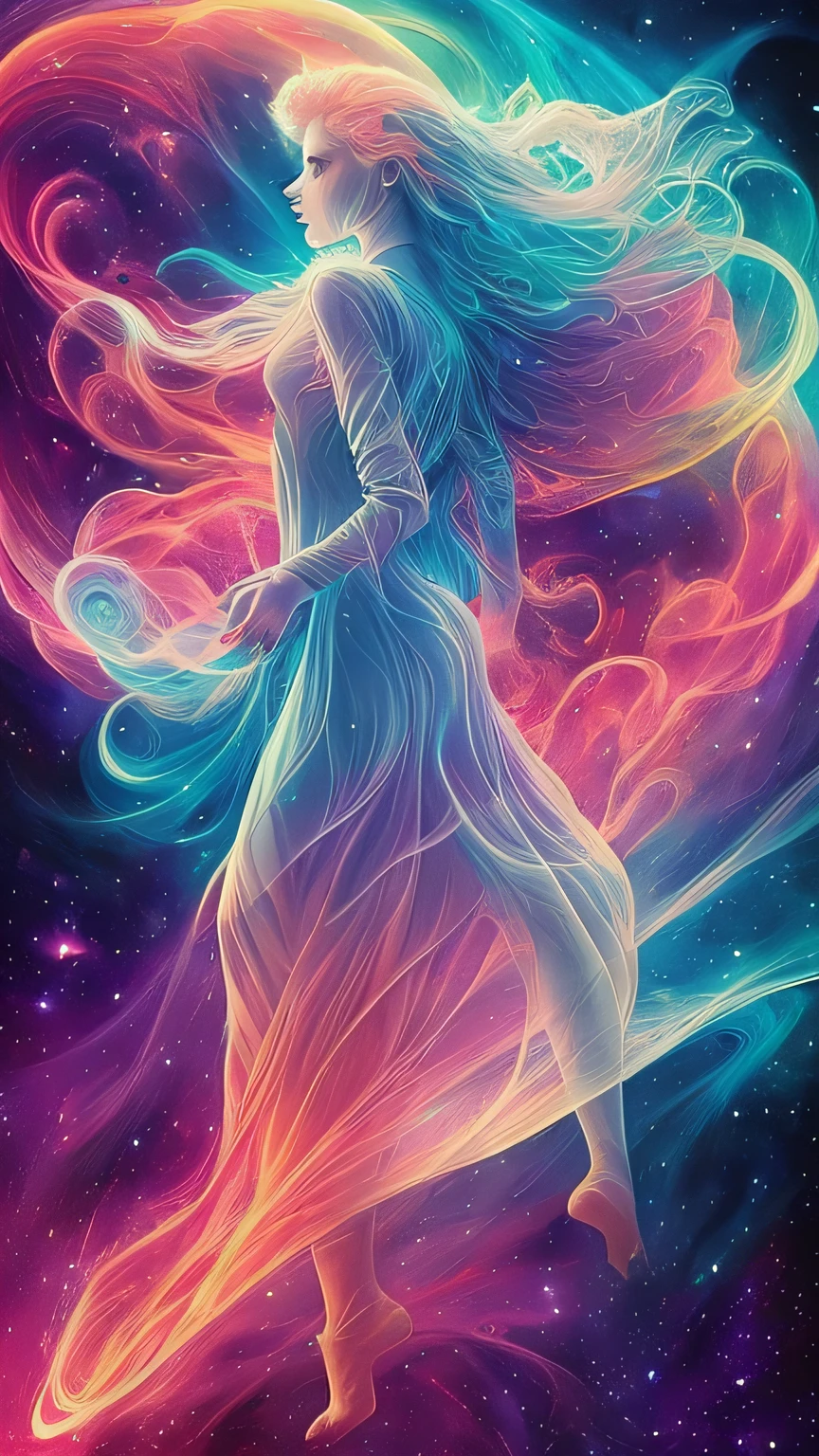inconceivable and spectacular a scene of emergence of a figure from the glowing cloud, fractal nebula threads, cosmic entities, celestial, cosmic, vibrant and vivid, swirls, twirling, unrealistic, high contrast, symobolism, magical, mystical, mystifying, hyperrealistic, oversaturate, colorfully