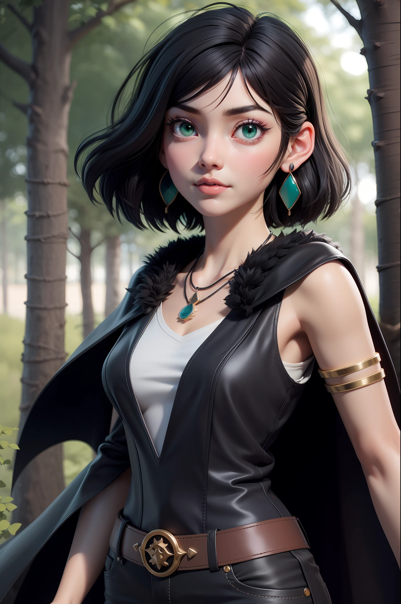 mj3d style,3dmm,3d,(masterpiece, best quality:1.1), ghibli style, san \(mononoke hime\), 1girl, armlet, bangs, black hair, black undershirt, breasts, cape, circlet, earrings, facepaint, floating hair, forest, fur cape, green eyes, jewelry, looking at viewer, medium breasts, nature, necklace, outdoors, parted bangs, shirt, short hair, sleeveless, sleeveless shirt, solo, tooth necklace, tree, upper body, white shirt