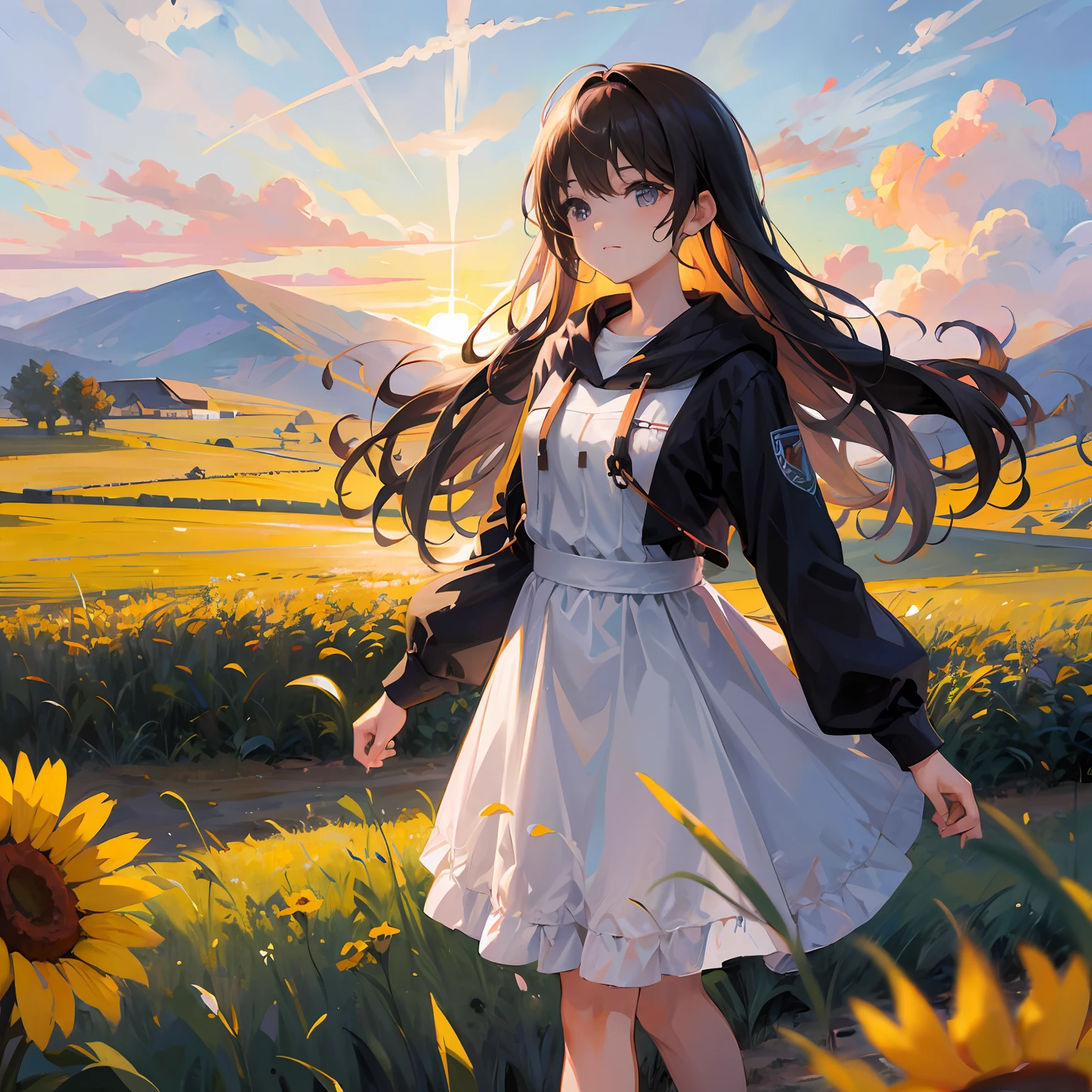 girl standing in field, closeup, portrait, clouds, sunrise
