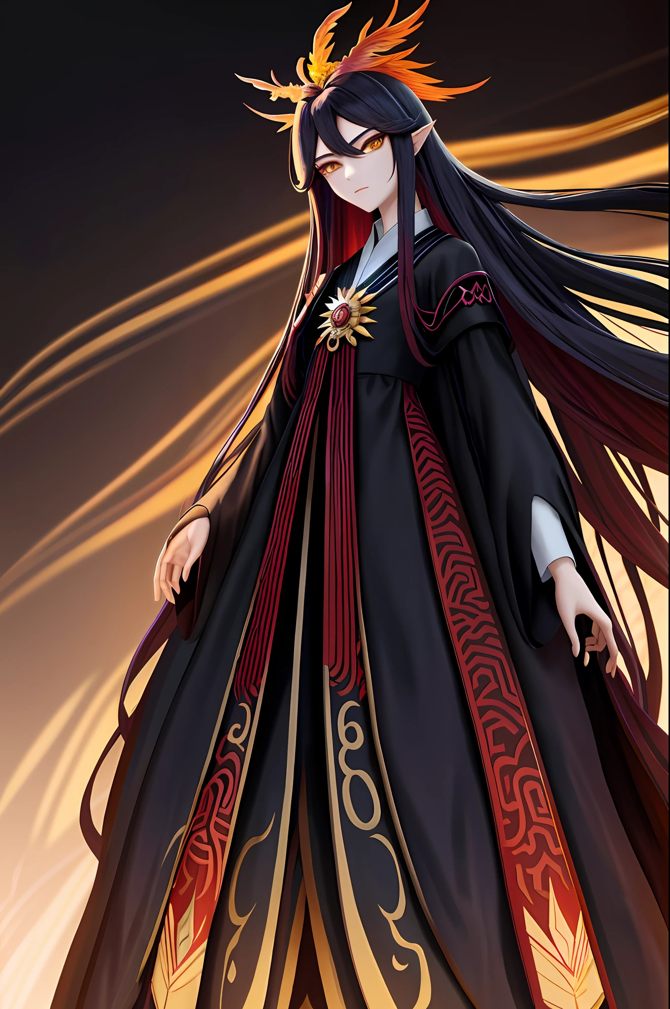 cabelos preto e longos、Danfeng Eyes、Tall and tall、with fair skin、Dressed in a long blood-colored dress、Wearing a phoenix crown on his head、Beautiful as a fairy、Portrait of real people、Big picture