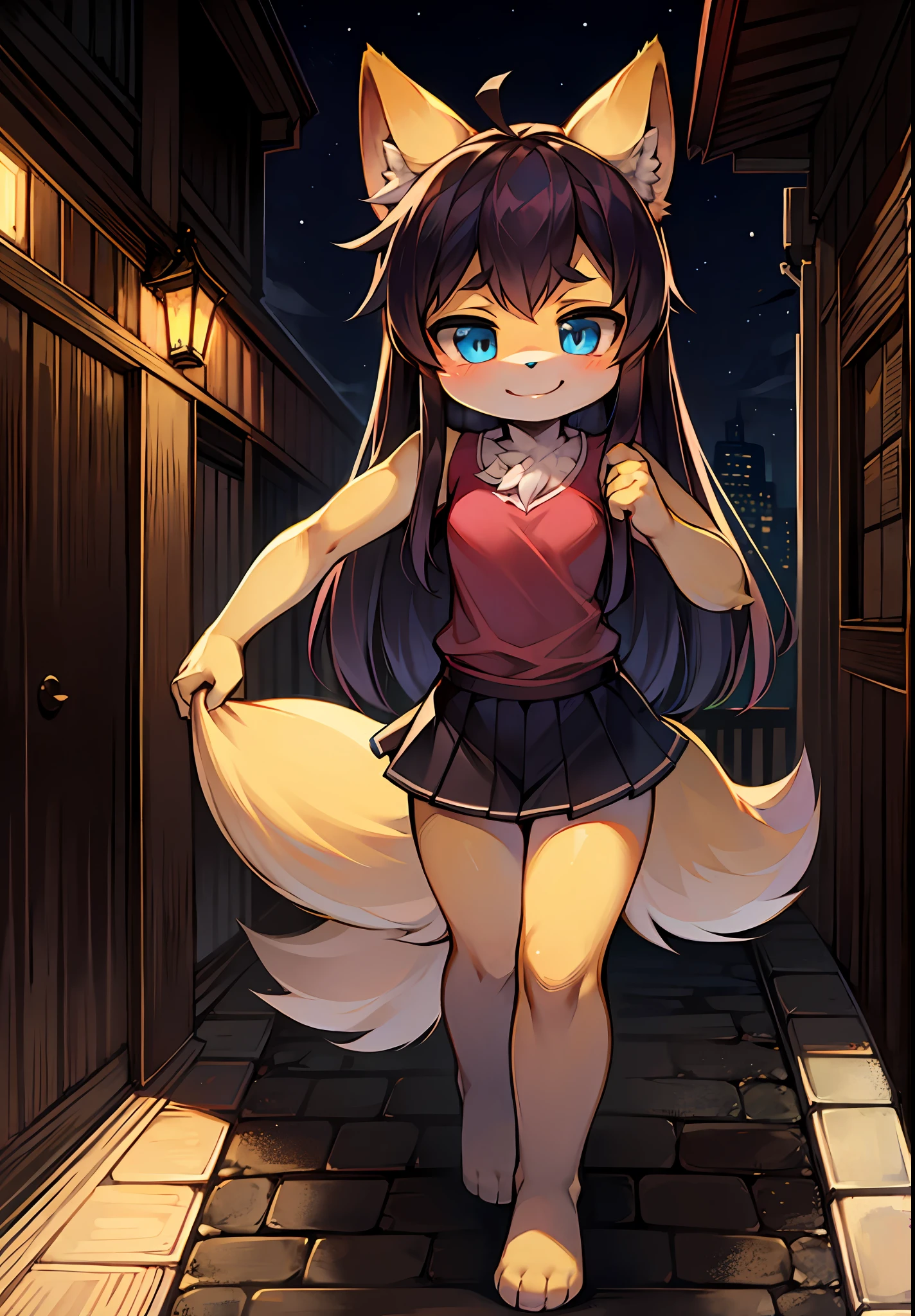 Bright eyes,in a panoramic view,Focus is prominent,Enhanced background details(0.7),Go it alone,Furry female character,The heroine stands out,Fluffy tail,eBlue eyes,Emphasis on yellow skin,Younger age,children's,Cute petite emphasis,Wear a short skirt,A smile on his face(1.2),Strengthen long-haired animals(1.2)、the night、borgar(1.1)。