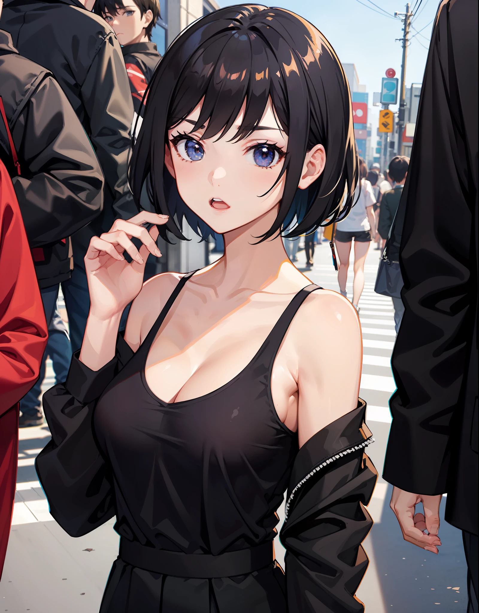 upperbody closeup,sportrait,little breast,Fashionab,Handsome,street Tokyo,ar old l,cleavage,extra very short hair,black color hair