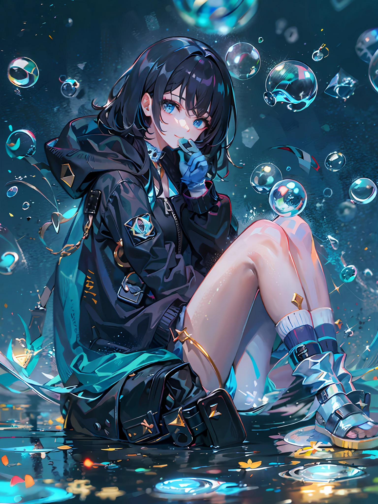 left hand、With a cheek cane、Wearing blue gloves