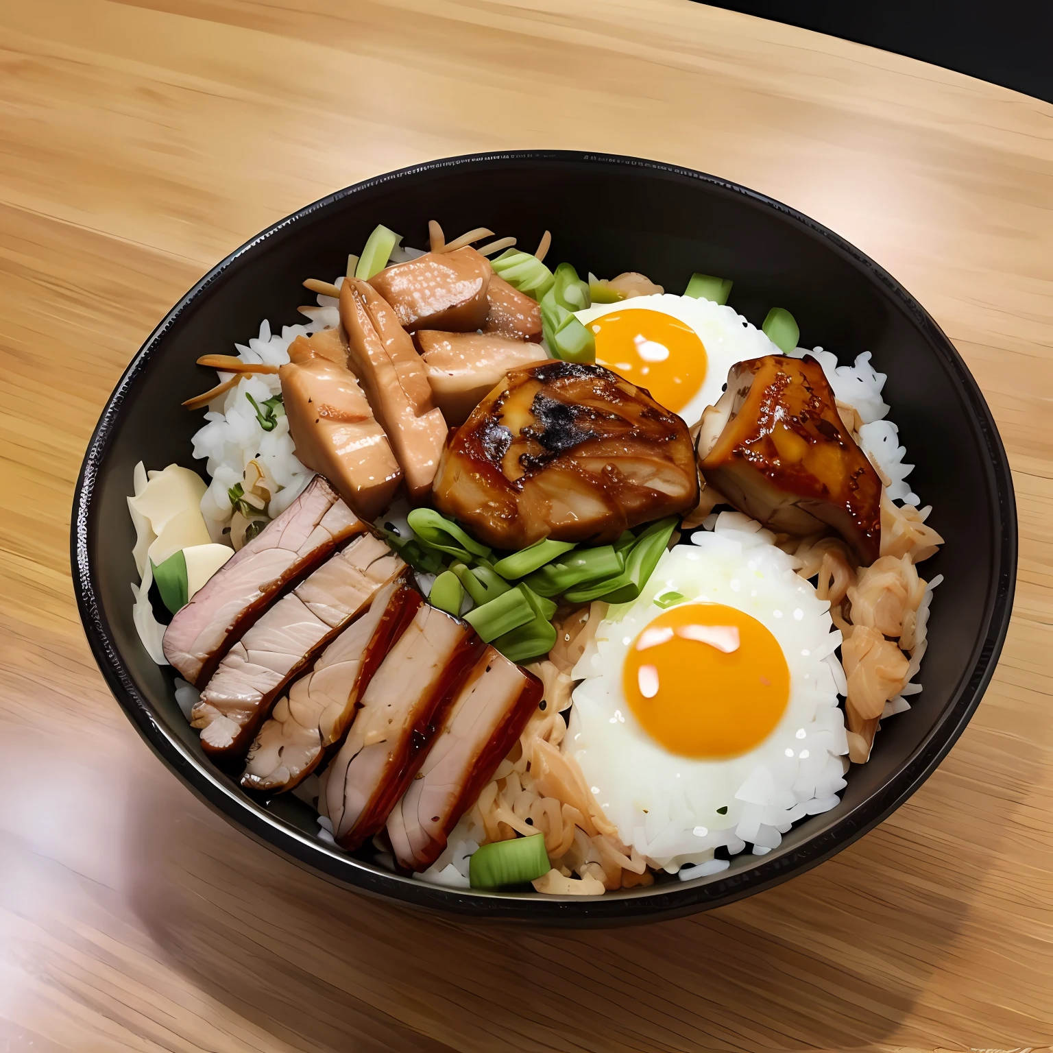 best quality, masterpiece, 1other, solo, japanese food, pork Donburi, simple background