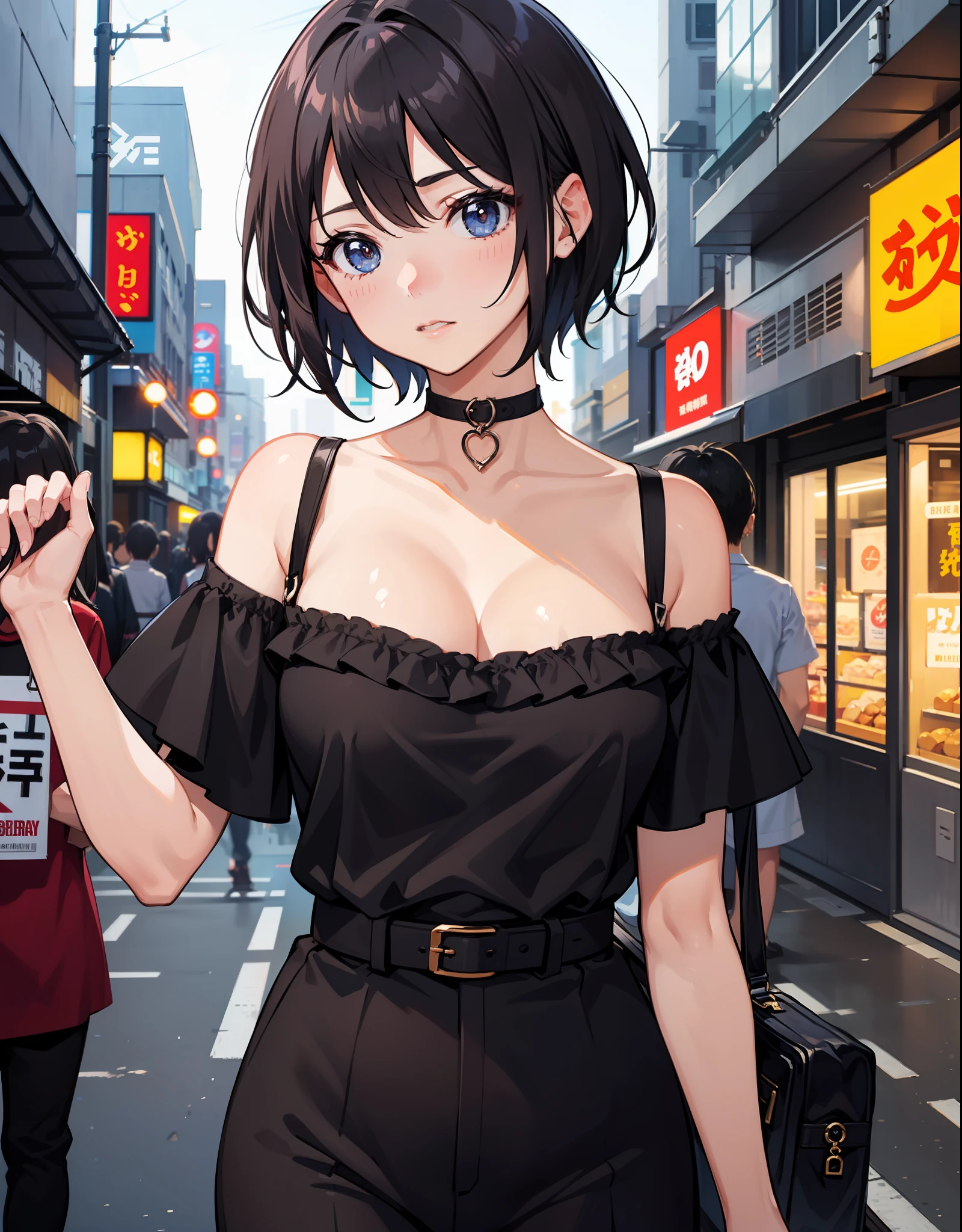 upperbody closeup，sportrait，little breast，Fashionab，Handsome，street Tokyo，12year old girl，cleavage，extra very short hair，Black color hair，Off-the-shoulder attire，比基尼