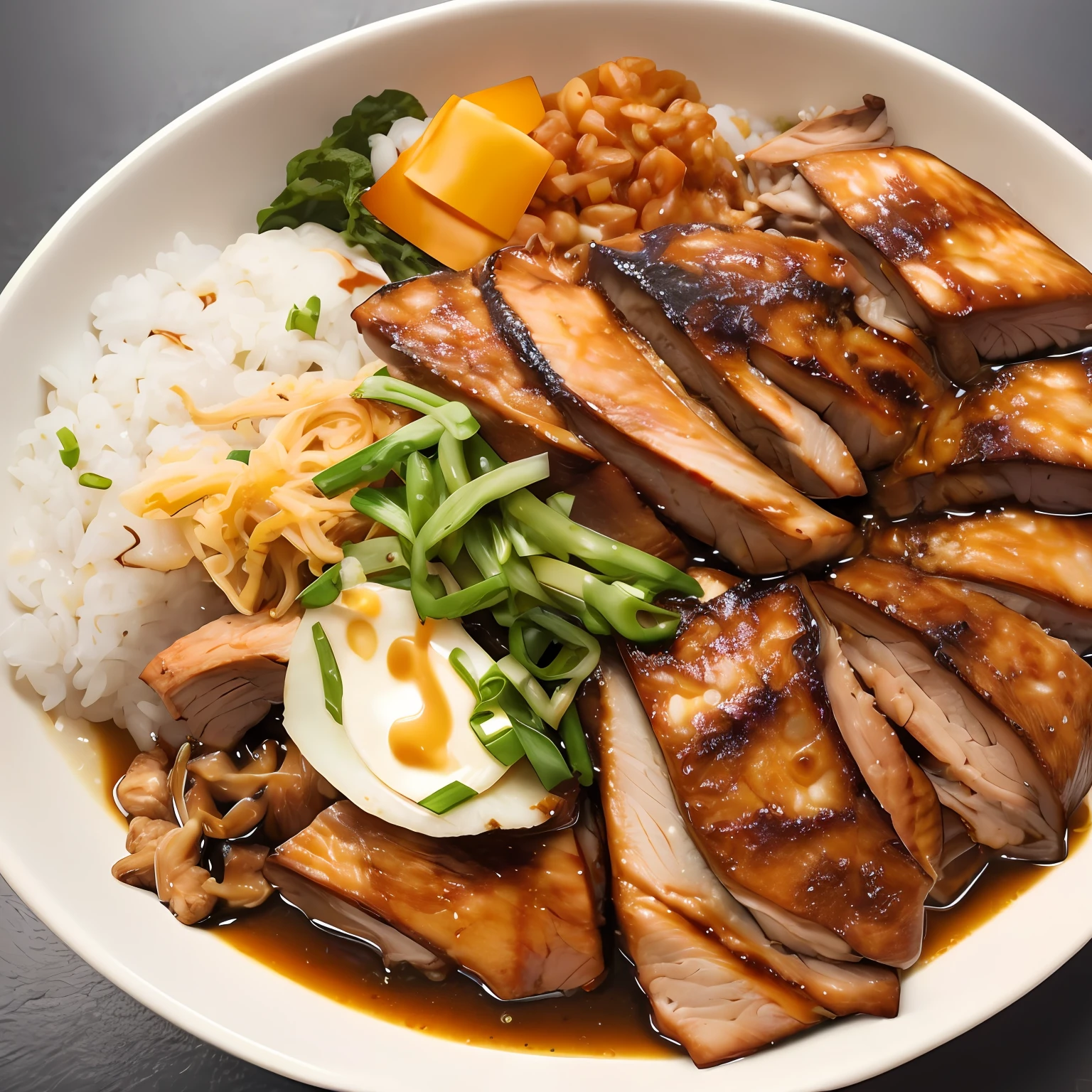 best quality, masterpiece, 1other, solo, japanese food, pork Donburi, simple background