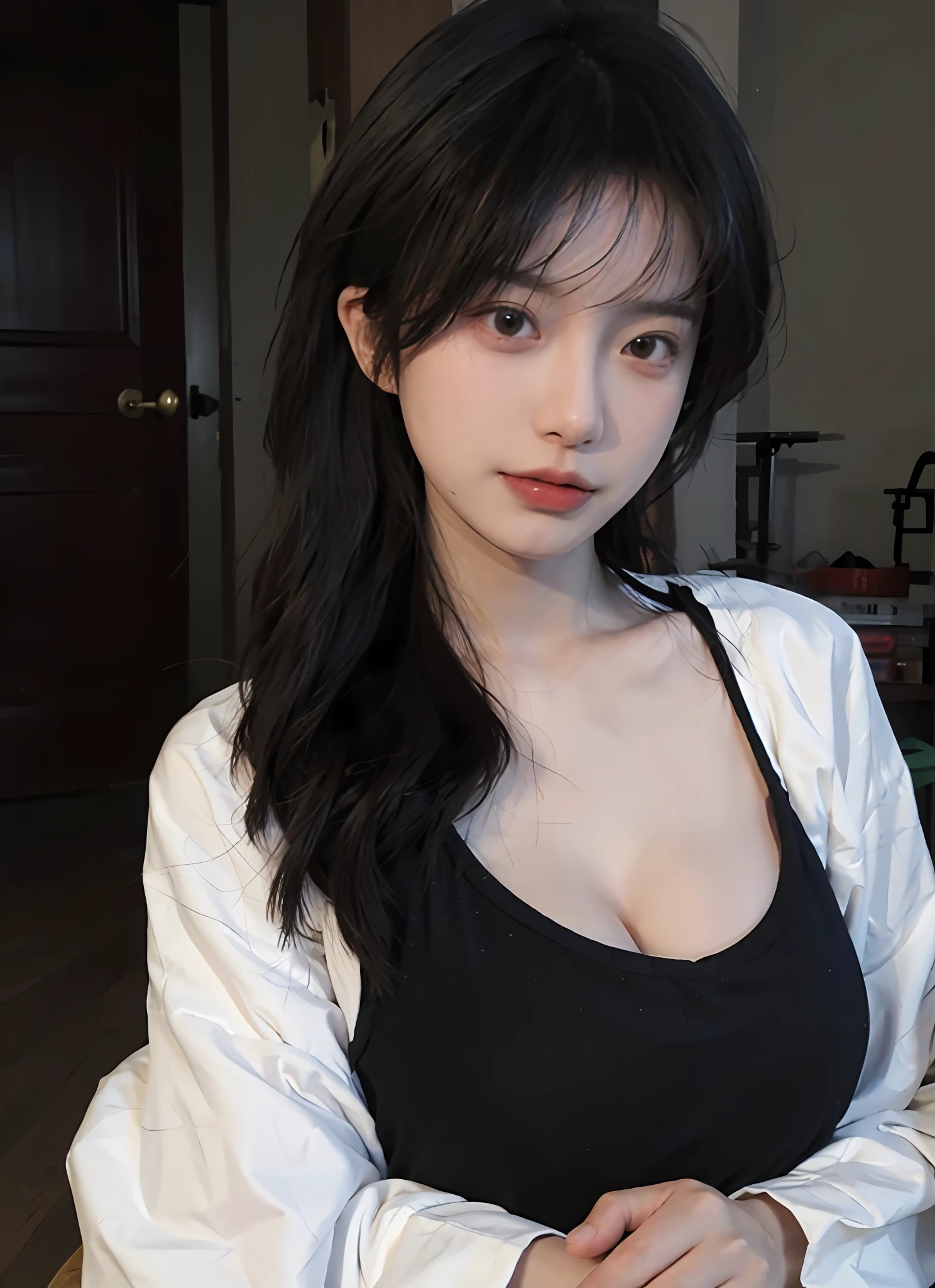 best qualtiy，tmasterpiece，超高分辨率，（realisticlying：1.4），1girll，Raised sexy，Ball head，（Showing clothes：1.5），（brassier：1.4），（big cleavage breasts：1.2），（The upper part of the body：1.4）The color of the clothes is random