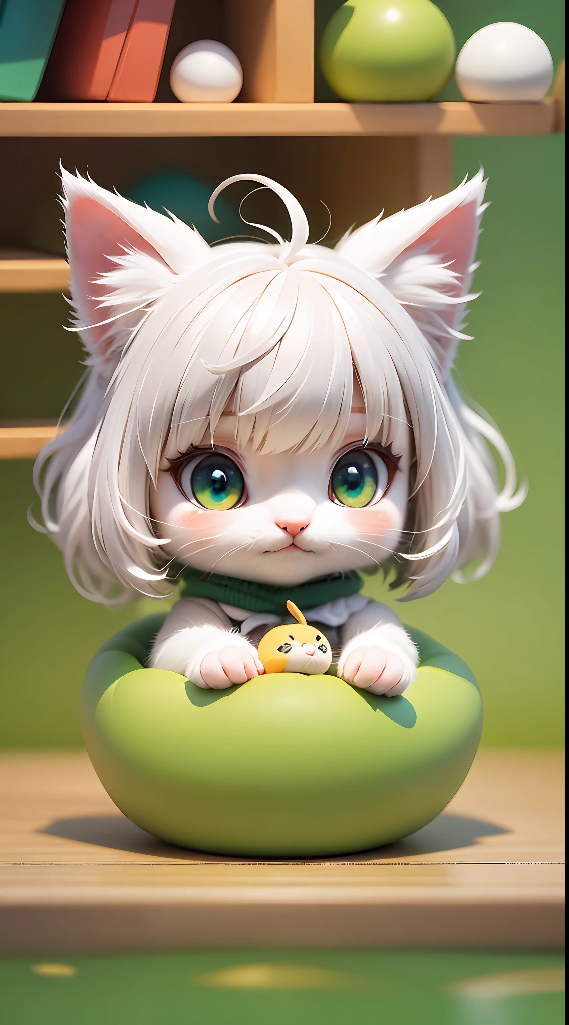 A white-haired kitten,adolable,spherical,cleanness,afloat,shaggy,Big eyes,Non-human,In the green one,Simple,ssmile,Funny,Morandi color system,Looking to the left,Left