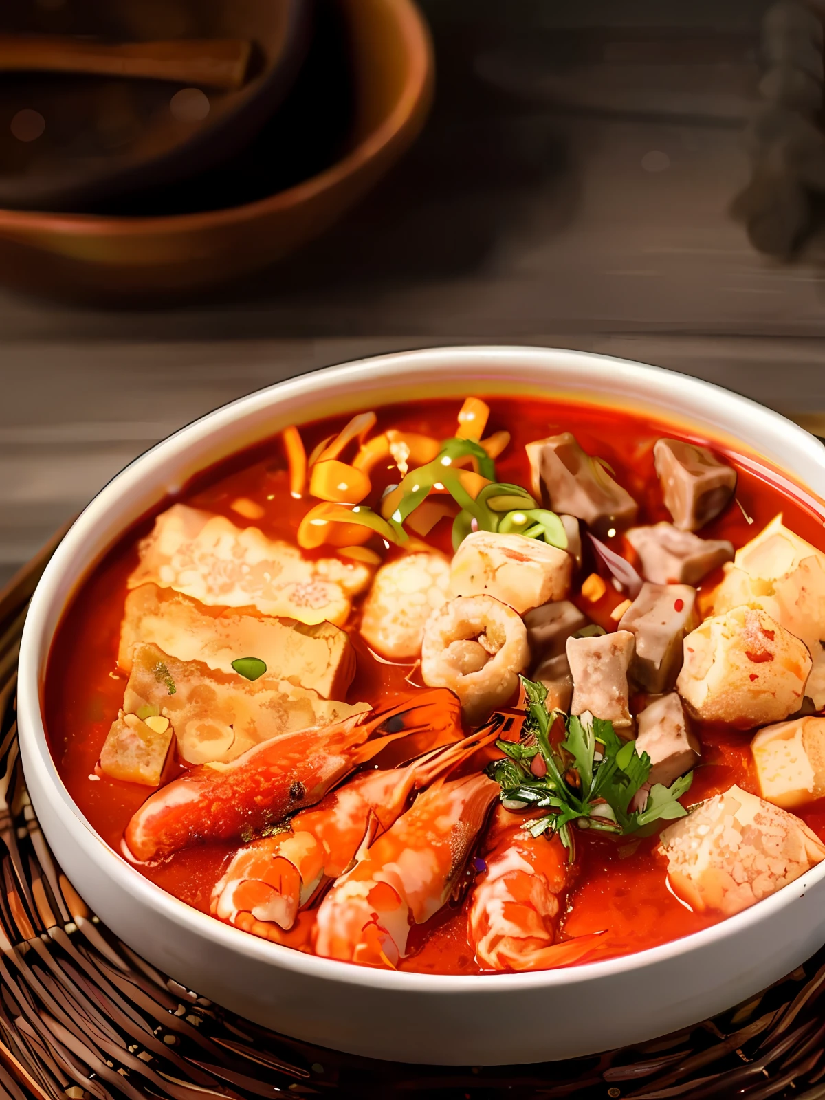 A bowl of spicy mix, with shrimp, tofu cubes, coriander, fish balls, tofu puffs, beef cubes