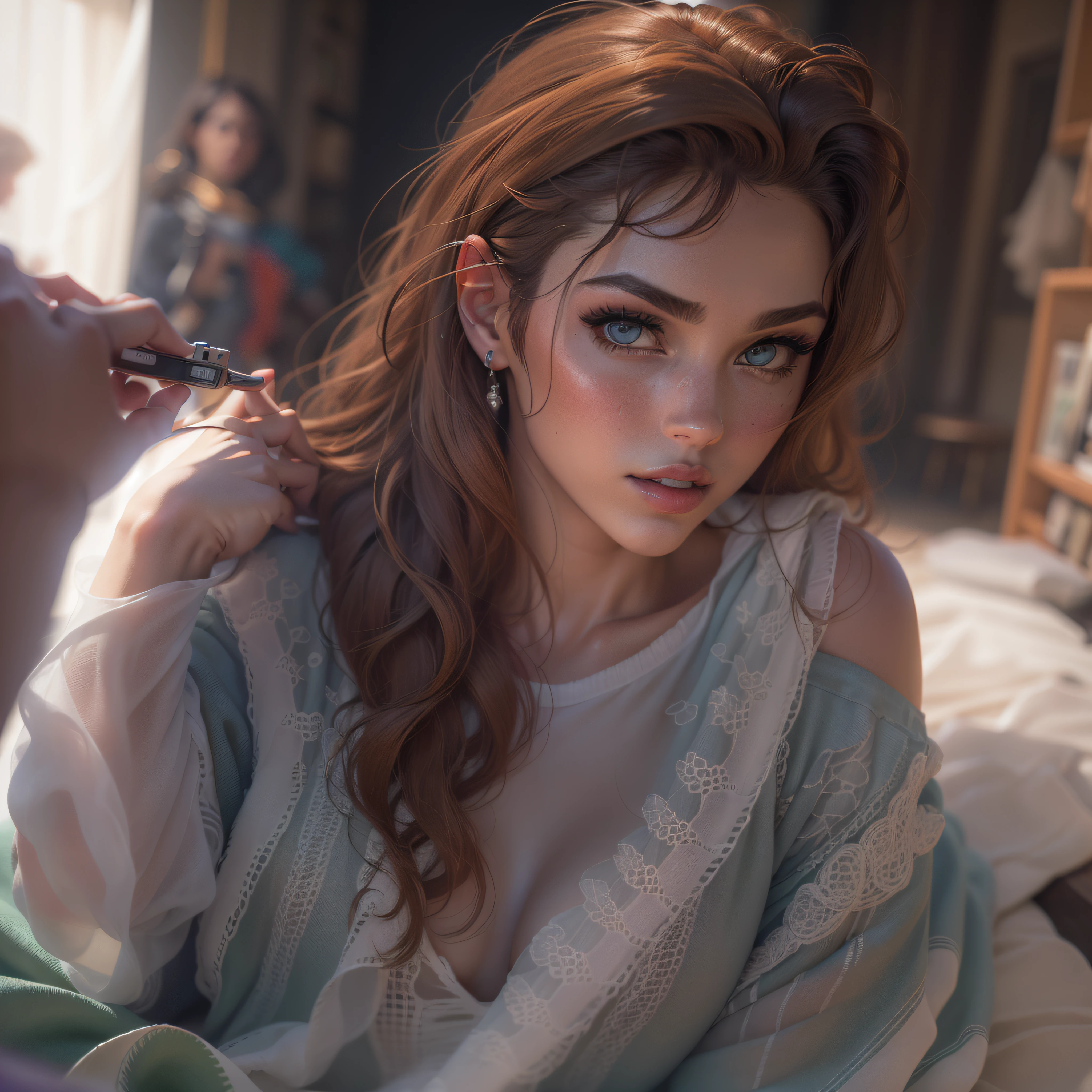 Foto de retrato de rosto completo de europeia de 25 anos, ....RAW, mulher bonita, semi-open strawberry lip, covinhas, wistful expression, (brown hair with extra long wavy), ((rosto detalhado)), ((detailedfacialfeatures)), (pele fina detalhada), pale skinned, ambiente de megacidade cyberpunk, (cor fria), humid, humid, reflexo, (masterpieceShot com Canon EOS R5 (detalhe) (Fotos realistas) (detalhes detalhados) mola a 50mm | | |, F/2.8, HDR, (8k) (papel de parede) (cinematic lighthing) (lighting dramatic) (foco nítido) (complexo), fotografia ....RAW, fotografia ....RAW, fotografia gigachade, camera pose, jeans preto, back arm, 8k UHD, DSLR, de alta qualidade, grain movie, Fujifilm XT3, Film Stock Photo 4 Kodak Portra 400 Camera F1.6 Rich Colors Lenses Ultrarealistic Textures Dramatic Lighting Unreal Engine Art Station Trends Cinestill 4B8r3B4p7yhRXuBWLqsQ546WR43cqQwrbXMDFnBi6vSJBeiF8tPW85a7r7DM961Jvk4hdryZoByEp8GC8HzsqJpRN4FxGM9mess, Muscles, Veias Estouradas, Contas, (( portanto & roxo vestido sexy)), (rabo de cavalo, 1 capacete grande),