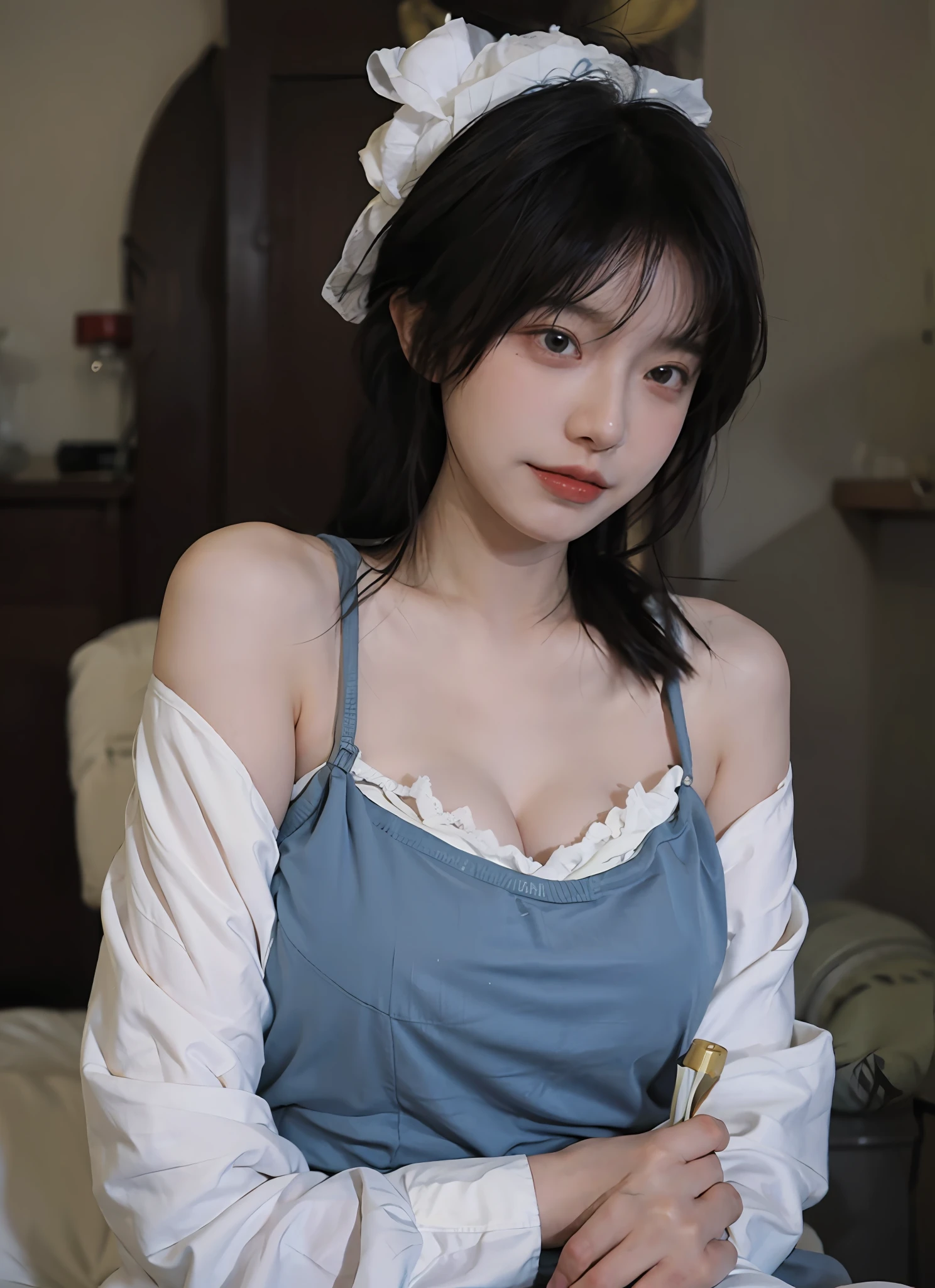 best qualtiy,tmasterpiece,超高分辨率,(realisticlying:1.4),1girll,Raised sexy,Ball head,(Showing clothes:1.5),(brassier:1.4),(big cleavage breasts:1.2),(The upper part of the body:1.4)The color of the clothes is random