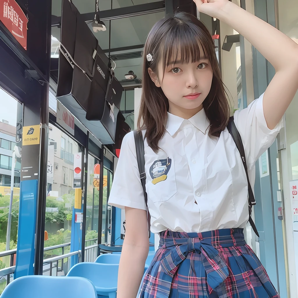 Young woman standing in front of bus, Seifuku, wearing japanese school uniform, japanese girl school uniform, Japan school uniform, JK Uniform, Wearing school uniform, Cute Schoolgirl, magical school student uniform, Wearing a school uniform, 🚿🗝📝, a hyperrealistic schoolgirl, chiho, sakimichan, girl wearing school uniform V-shaped open shirt large full breasts