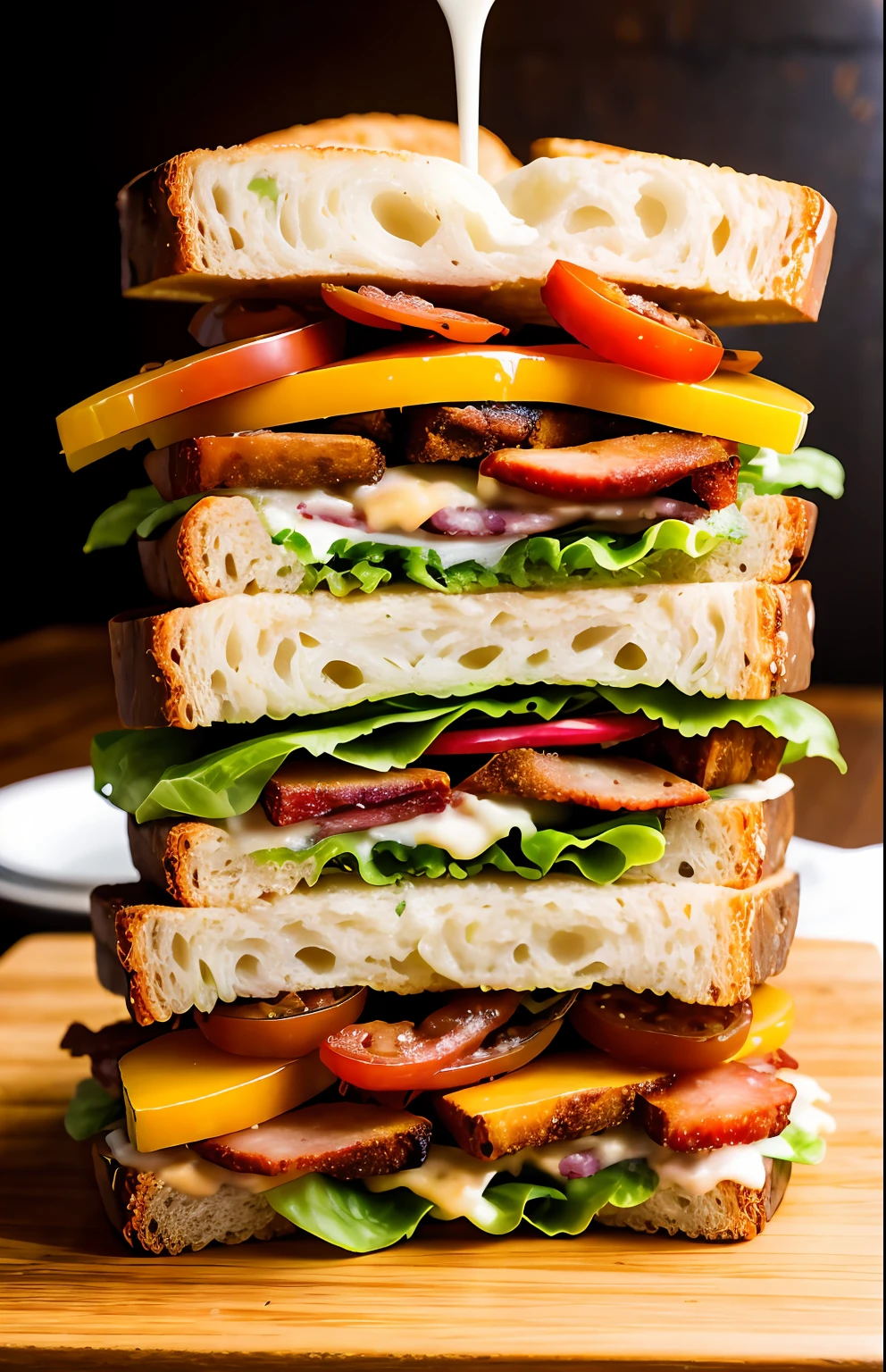 photo of a scrumptious BLT sandwich with extra bacon, (rustic diner background)+, seed bread, pepper jack cheese, (intricate details:1.12), hdr, (intricate details, hyperdetailed:1.15)