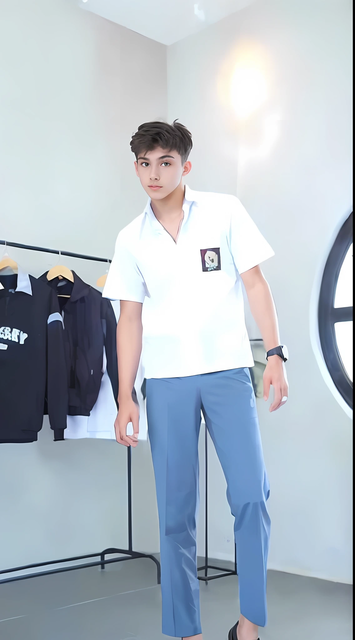 Masterpiece, best quality, ultra detailed, sfw, 1boy, an attractive 18 year old,((sweat)), topless, wearing tight underwear, big bulge , full body shot, side view,
