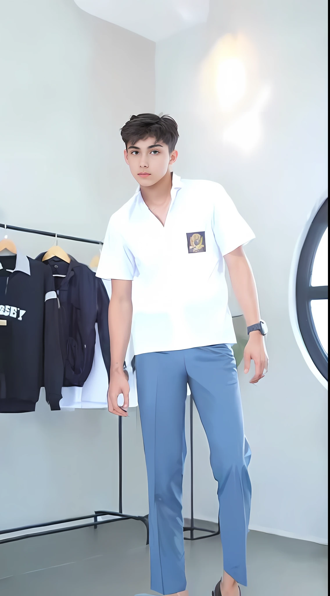 Masterpiece, best quality, ultra detailed, sfw, 1boy, an attractive 18 year old,((sweat)), topless, wearing tight underwear, big bulge , full body shot, side view,