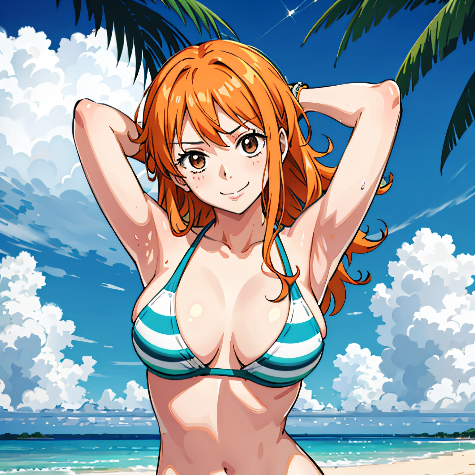 1girl,adjusting_hair,arm_behind_head,armpits,arms_behind_head,arms_up,bikini,blurry,blurry_foreground,breasts,censored,depth_of_field,flaccid,grey_background,hetero,long_hair,lying,mosaic_censoring,motion_blur,navel,orange_hair,photo_(medium),sandals,smile,solo_focus,striped,striped_bikini,swimsuit,nami_(one_piece)