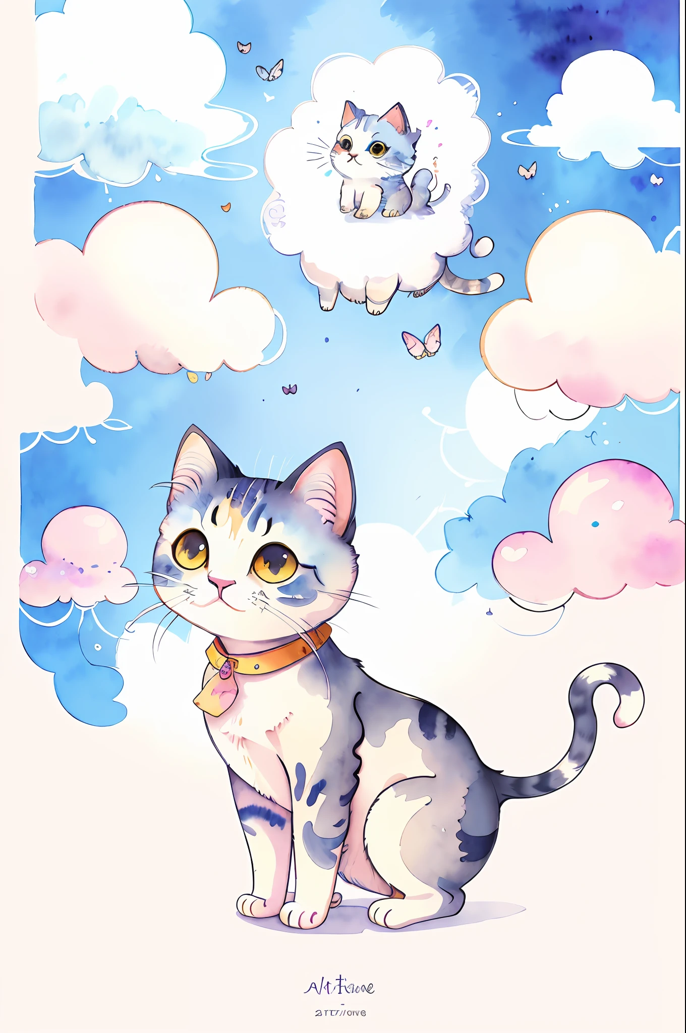 "Create a cute cartoon cat clipart with clouds effect, showcasing intricate details and a blend of pencil drawing and watercolor painting. The artwork should have an abstract style, resembling a masterpiece of the highest quality. Check out similar works on artstation for inspiration."