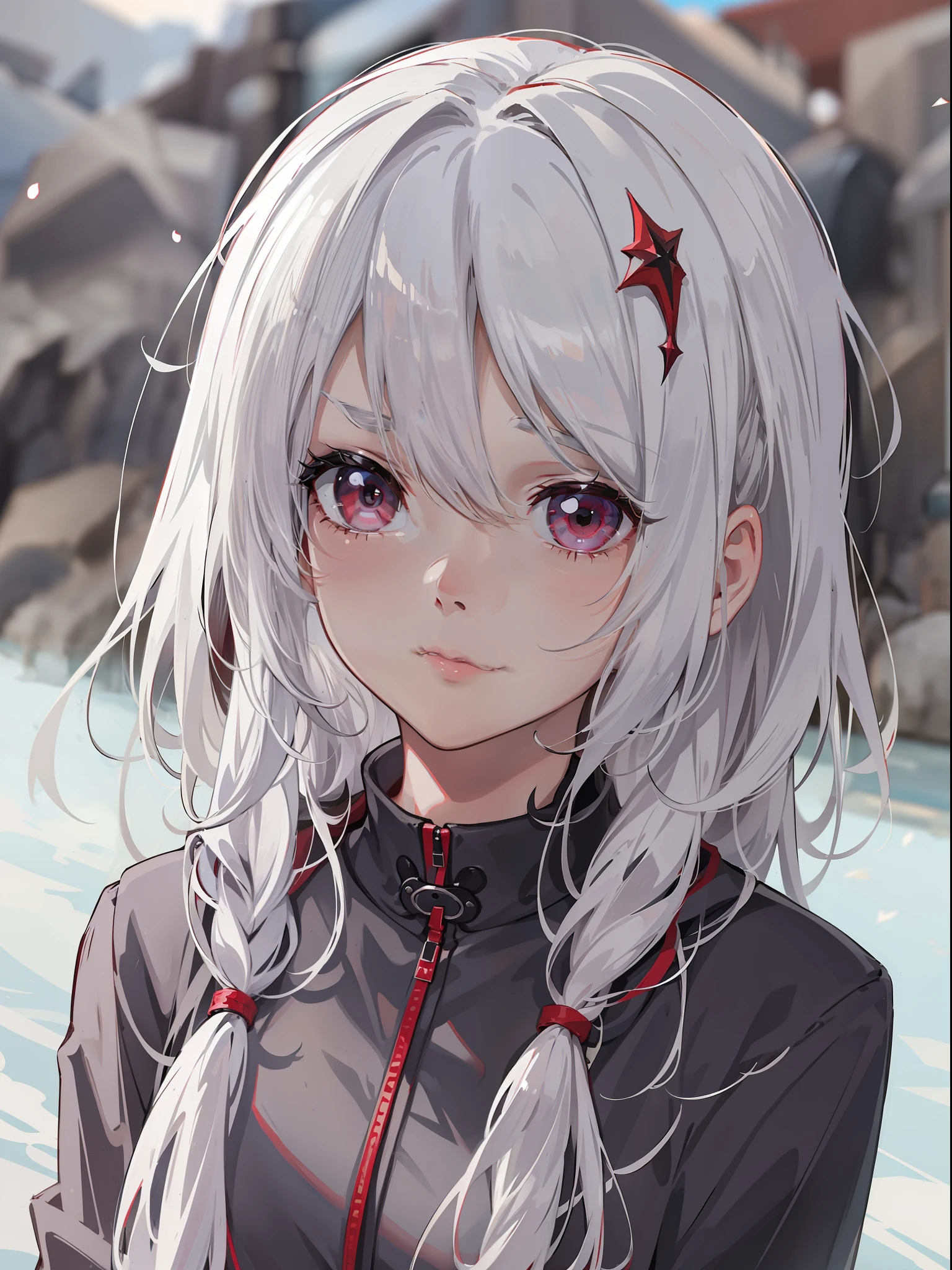 s girl,White hair,Maroon eyes,Blackn clothes,exteriors