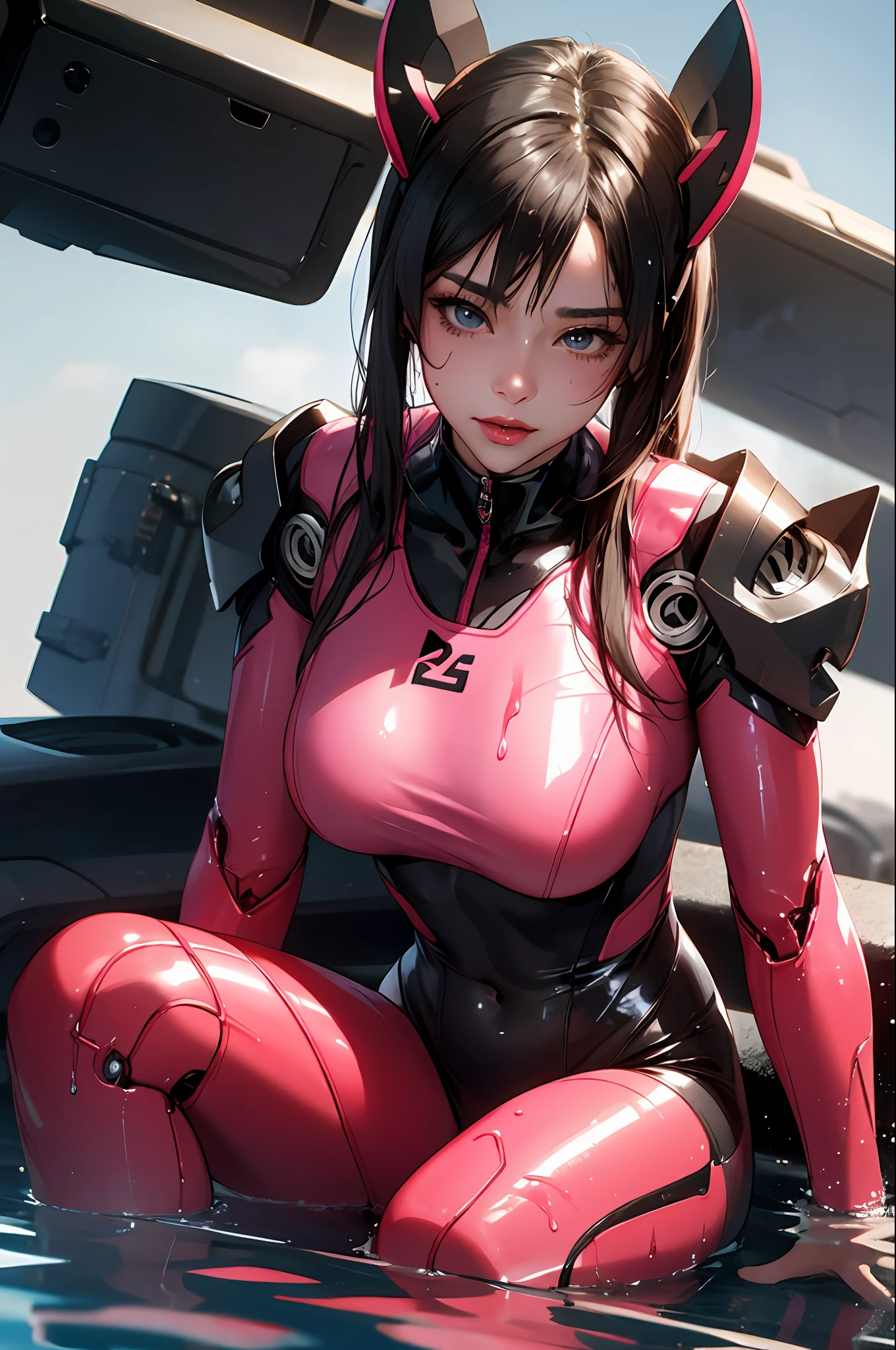 Àla Fed woman in pink wetsuit sitting in a puddle, glossy wet skin!!, wet shiny skin, liquidmetal, Beautiful Female Android!, perfect android girl, Seductive Anime Girl, biomechanical oppai, an oppai cyberpunk, Drenched body, Latex skin, Wet look