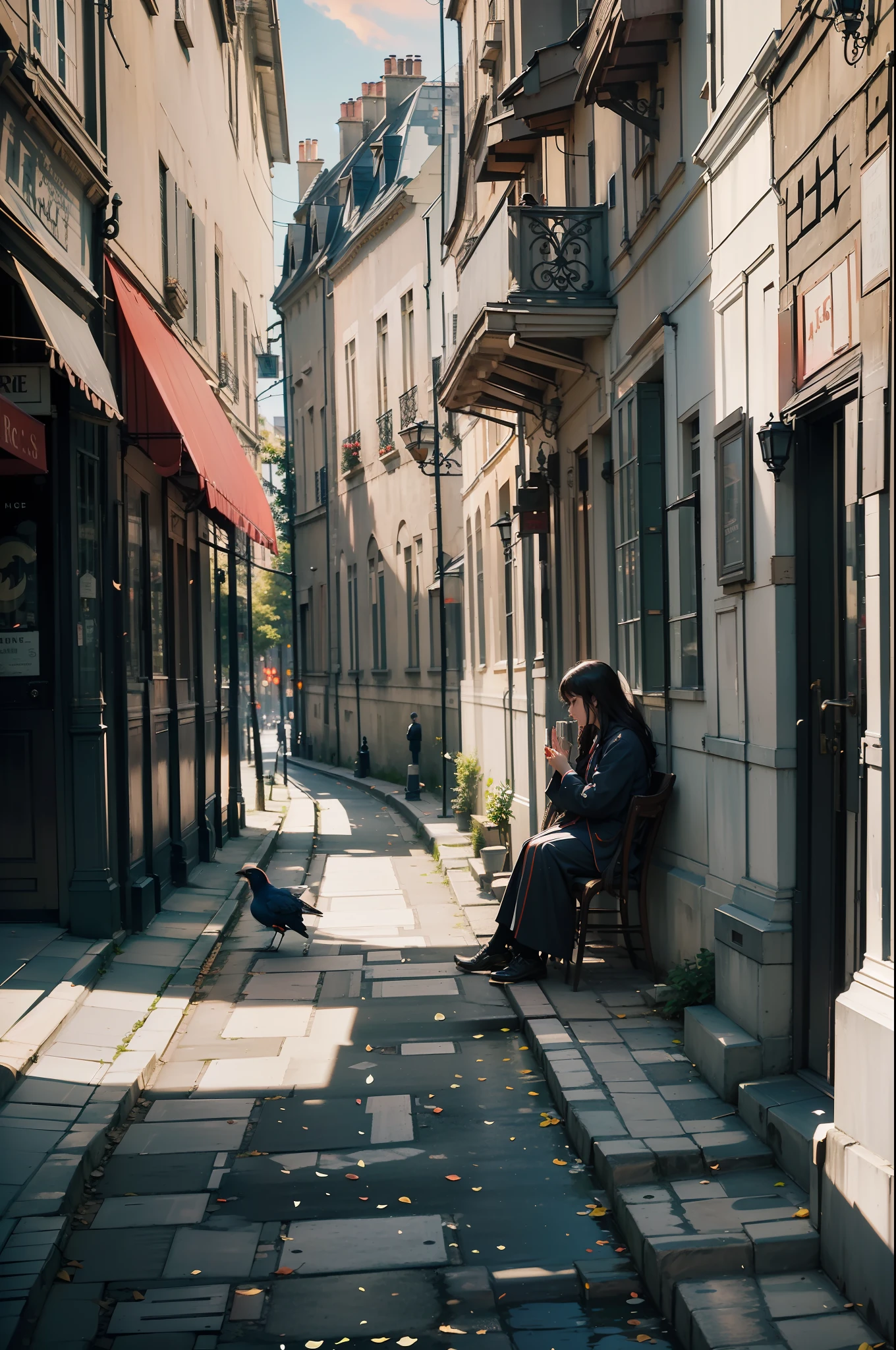 (A realistic photograph of a Beautiful Late Afternoon + in the city of Paris, Sunset Street), (Paris style + French architecture), (High Quality + Best Lighting), (Beautiful Sunset) (blue / orange / red sky + birds), (Dynamic angles + continuous path), (Nostalgic + memory style + twilight), (main frame: street + building) +( empty streets, no people and no cars, just the beautiful architecture of Paris for contemplation)+(feeling of peace and tranquility) + (scenery cinematic).