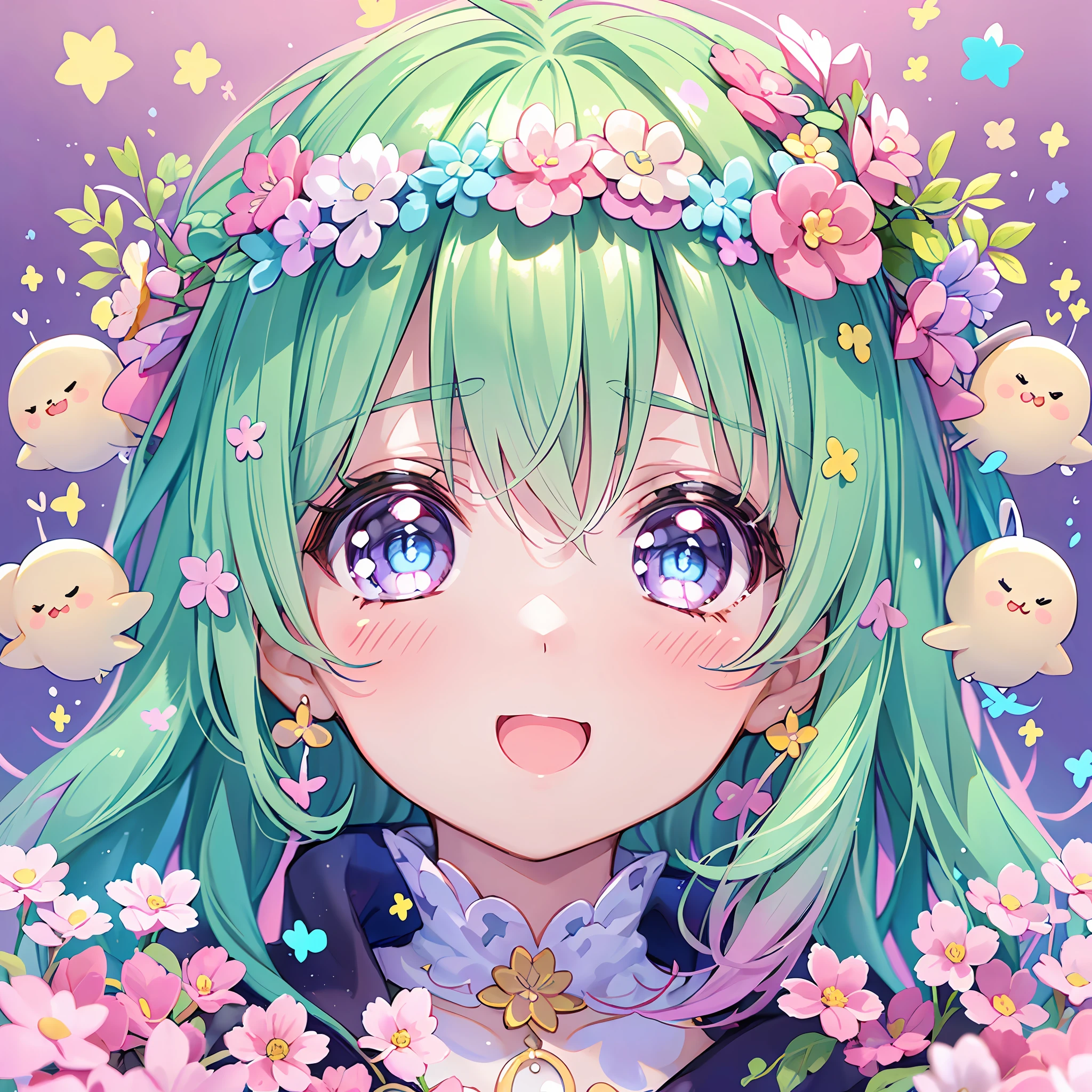 masterpiece, (million 2girls and 2girls and 2girls and 2girls), idol, closeup, big eyes, kawaiitech, kawaii, cute, pastel colors, best quality, happy, deep background, symmetrical, tilted head, spring, cover