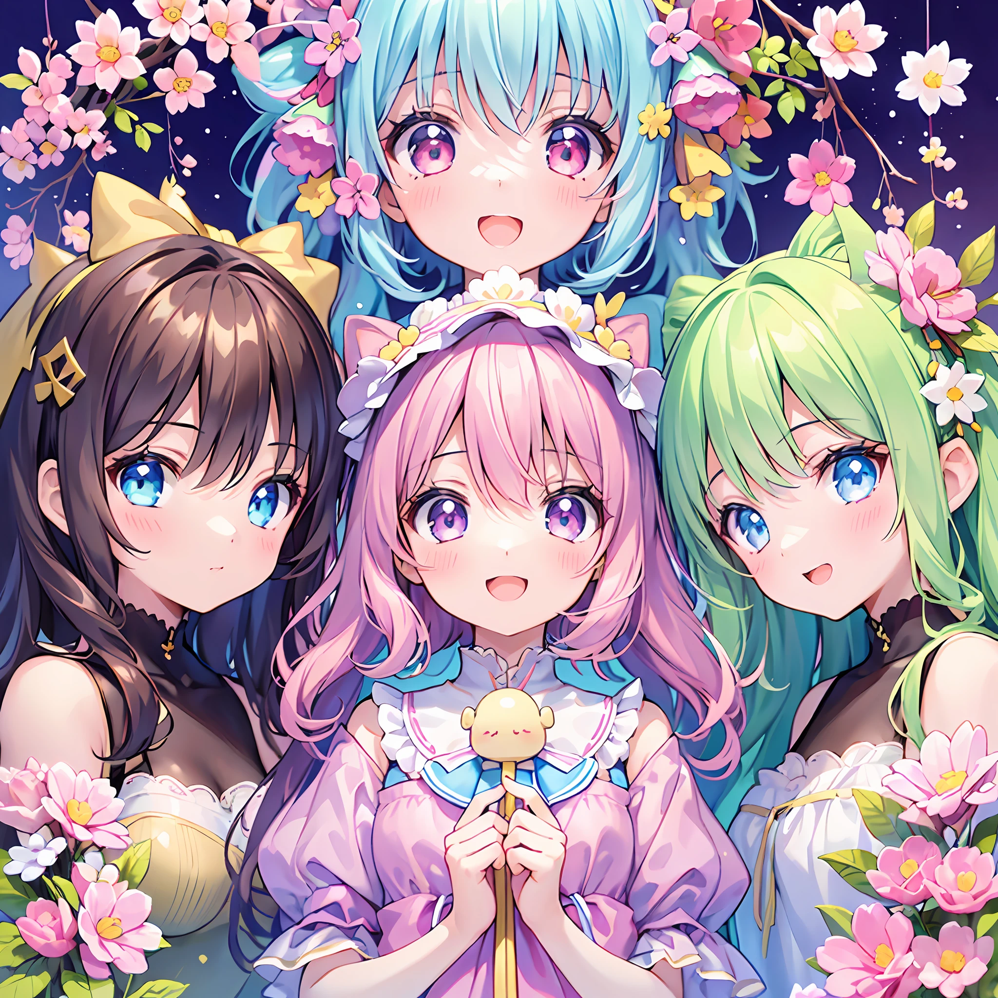 masterpiece, (million 2girls and 2girls and 2girls and 2girls), idol, closeup, big eyes, kawaiitech, kawaii, cute, pastel colors, best quality, happy, deep background, symmetrical, tilted head, spring, cover