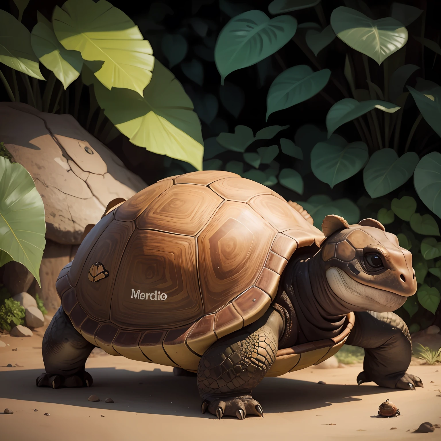 An old brown turtle, with a hard shell, talking. (side view)