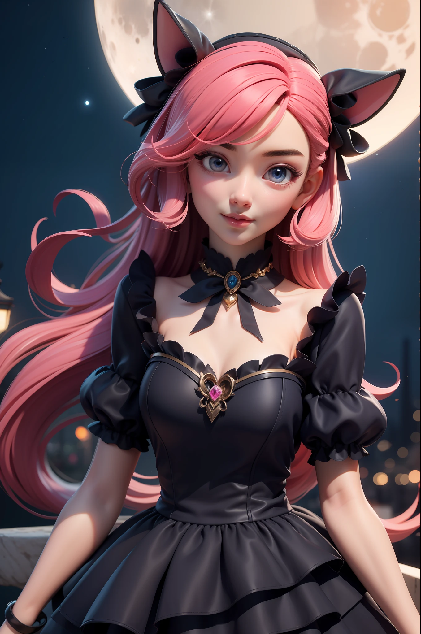 3dmm style,(masterpiece, best quality:1.4), midnight, cool, vivid, mesmerizing, 1girl, dress, dog ears, moon