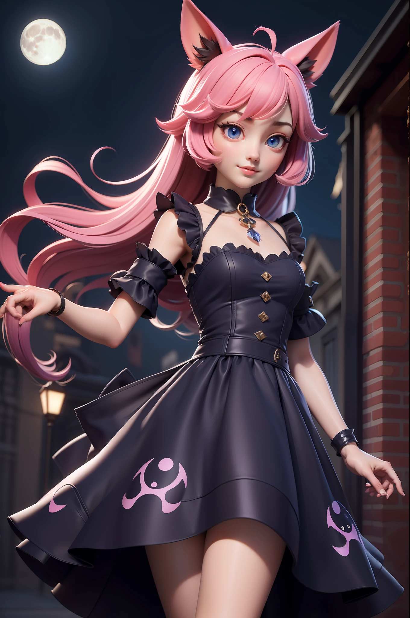 3dmm style,(masterpiece, best quality:1.4), midnight, cool, vivid, mesmerizing, 1girl, dress, dog ears, moon