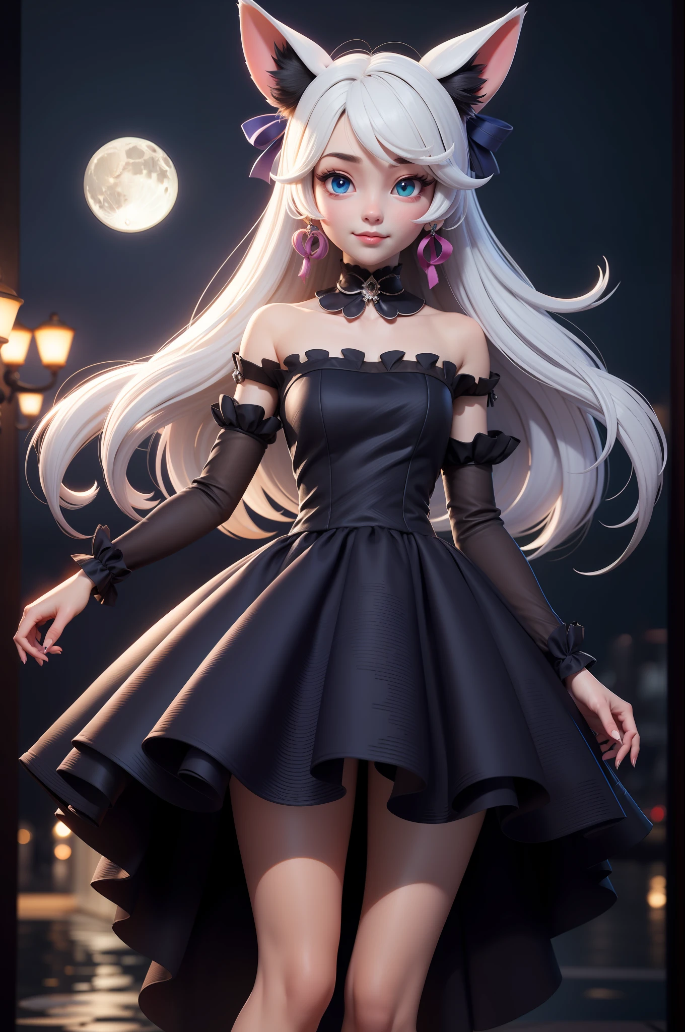 3dmm style,(masterpiece, best quality:1.4), midnight, cool, vivid, mesmerizing, 1girl, dress, dog ears, moon