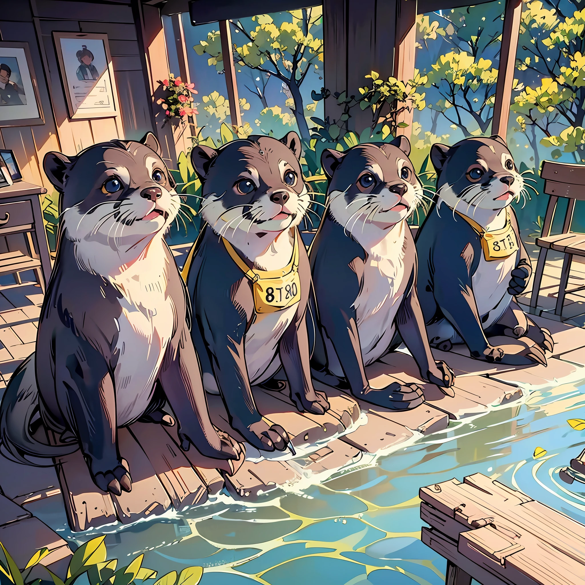 (Best Quality, 8k, 32k, Masterpiece, UHD:1.3), group of cute otters wearing a life vest and taking selfie together, one otter is holding the phone and all otters are looking up, all sitting in a canoe, all looking at camera, classroom backgrounds, some other otters are sitting on the chairs, lots of desk and chairs, day, volumetric lighting, realistic, --auto --s2